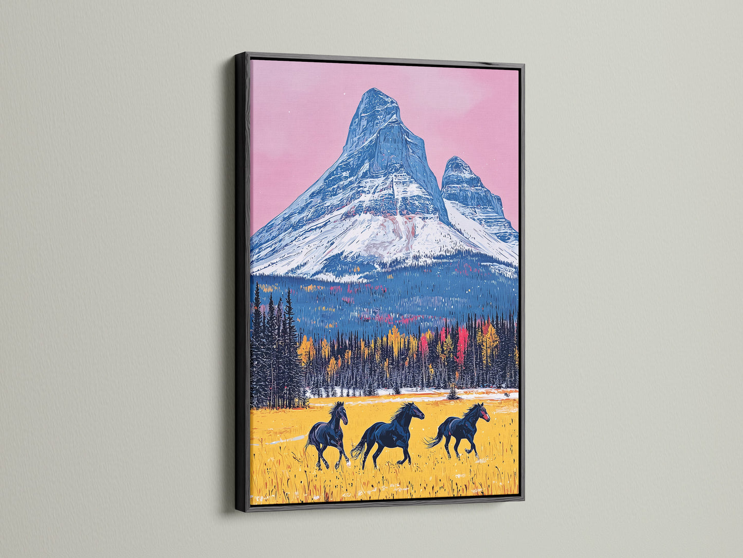 Add a touch of sophistication with a black framed mountain horse artwork. The black frame enhances the rustic art print. This horse canvas art is perfect for any room. It creates a focal point in your space. Enjoy this stunning western wall decor.