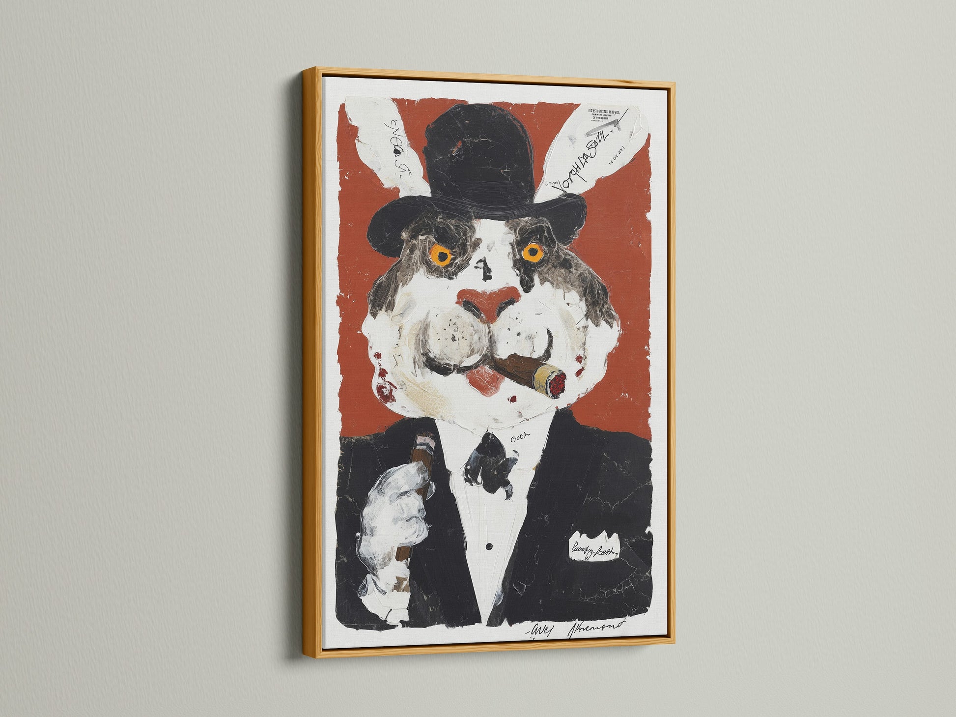The image showcases a vintage cat portrait canvas in a gold frame. It is surreal animal art with a whimsical gentleman cat wall art. This anthropomorphic art makes a statement. This quirky office decor is a fun addition to any room.