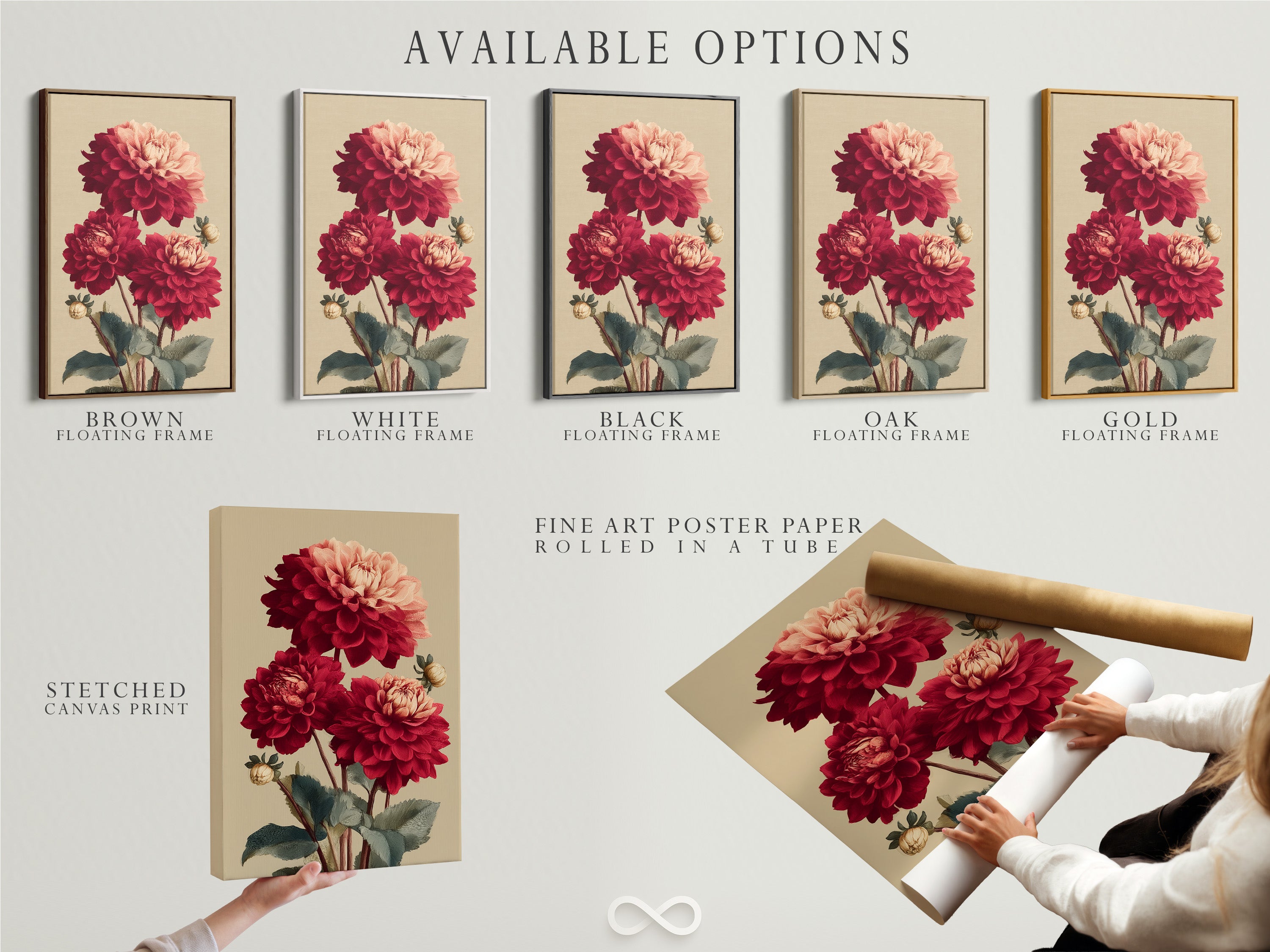Available options for the Dahlia Botanical Print. Choose between a stretched canvas print fine art poster paper or floating frame. Customize your vintage floral art today. Elevate your space.