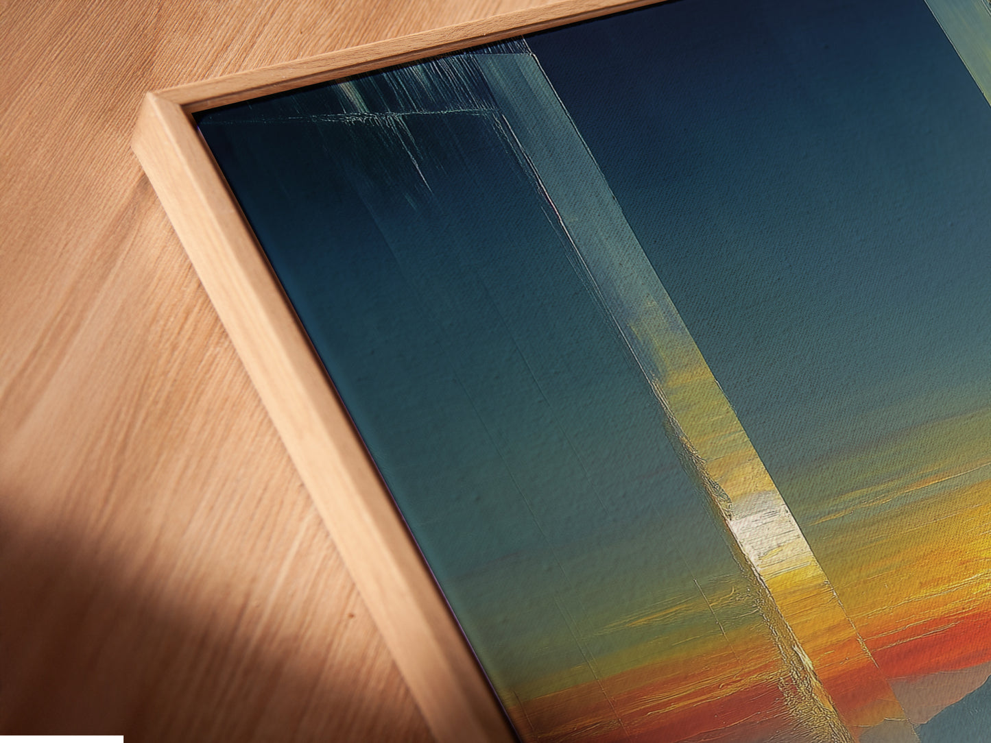 A close-up of a canvas print in a floating frame. The mountain sunset artwork appears to float. This modern artwork enhances any wall. The floating frame adds depth and sophistication to the overall display.