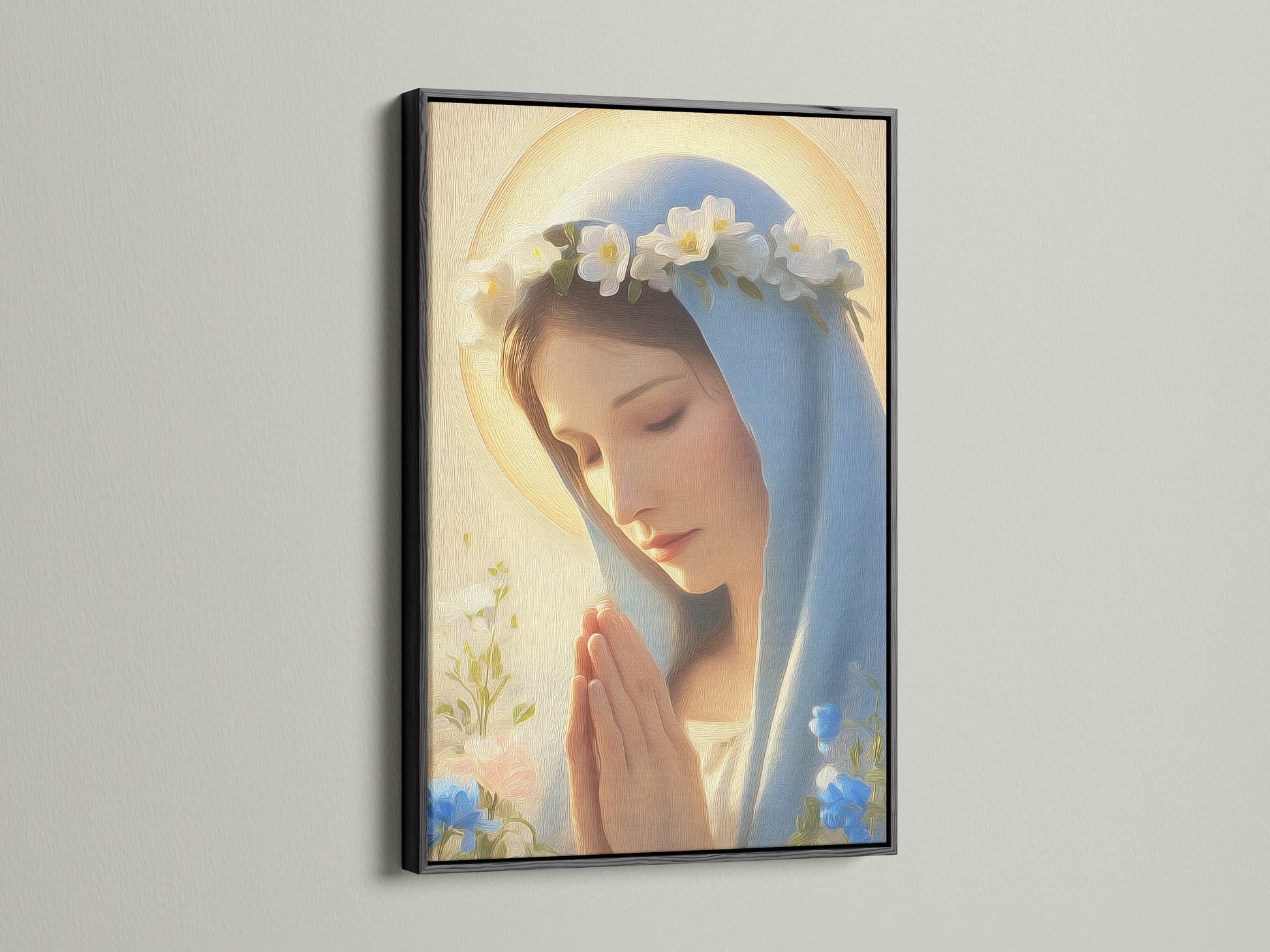 This black frame highlights the Sacred Heart artwork. It provides a sleek and modern aesthetic. This christian home decor is perfect for any space. It adds a touch of reverence to your walls. The black frame makes the blue and gold art pop.