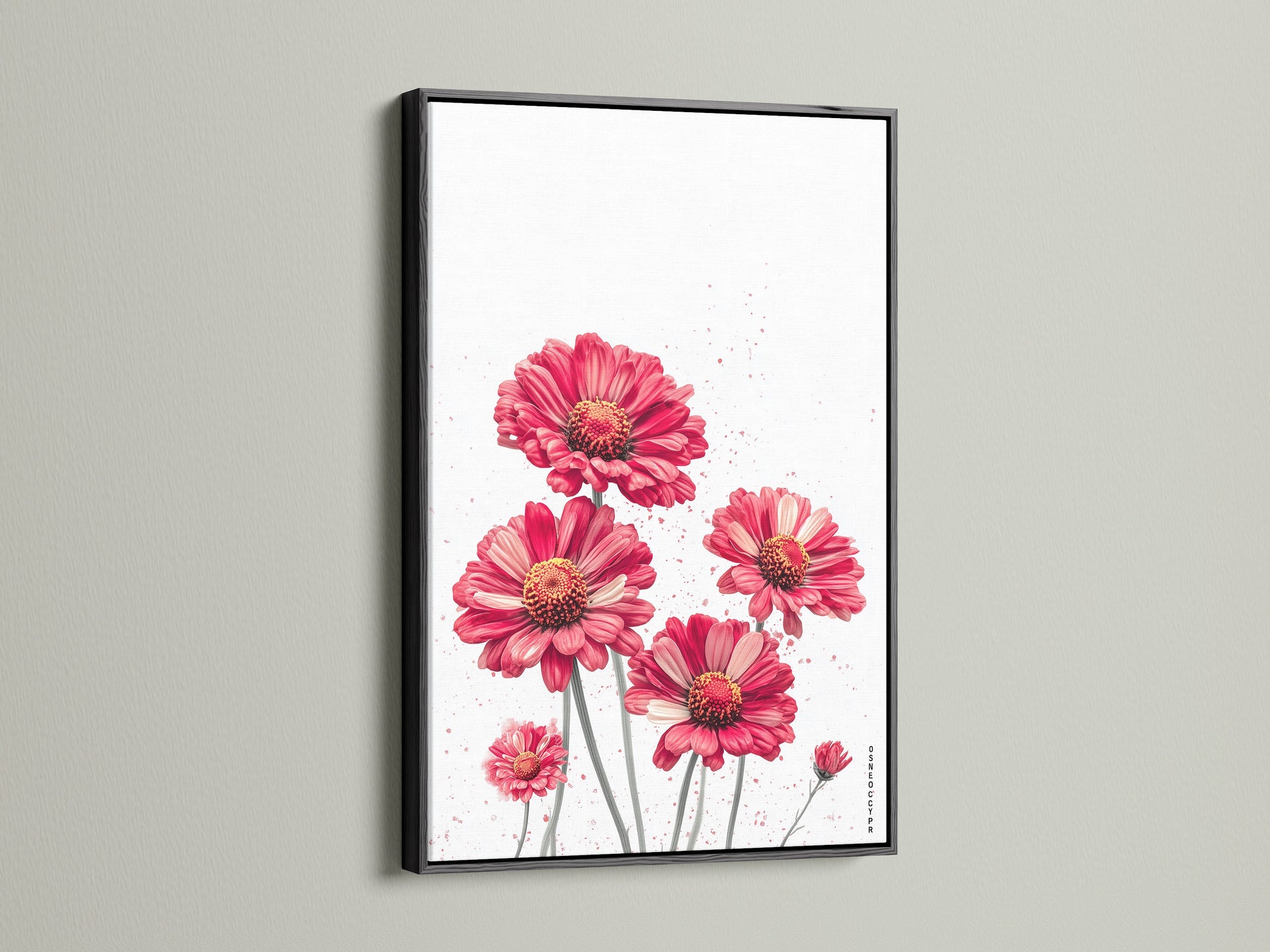 A striking red floral canvas print is presented in a black frame. This modern flower artwork makes a bold statement. The crimson blossoms pop against the dark frame. A stylish choice for contemporary spaces.