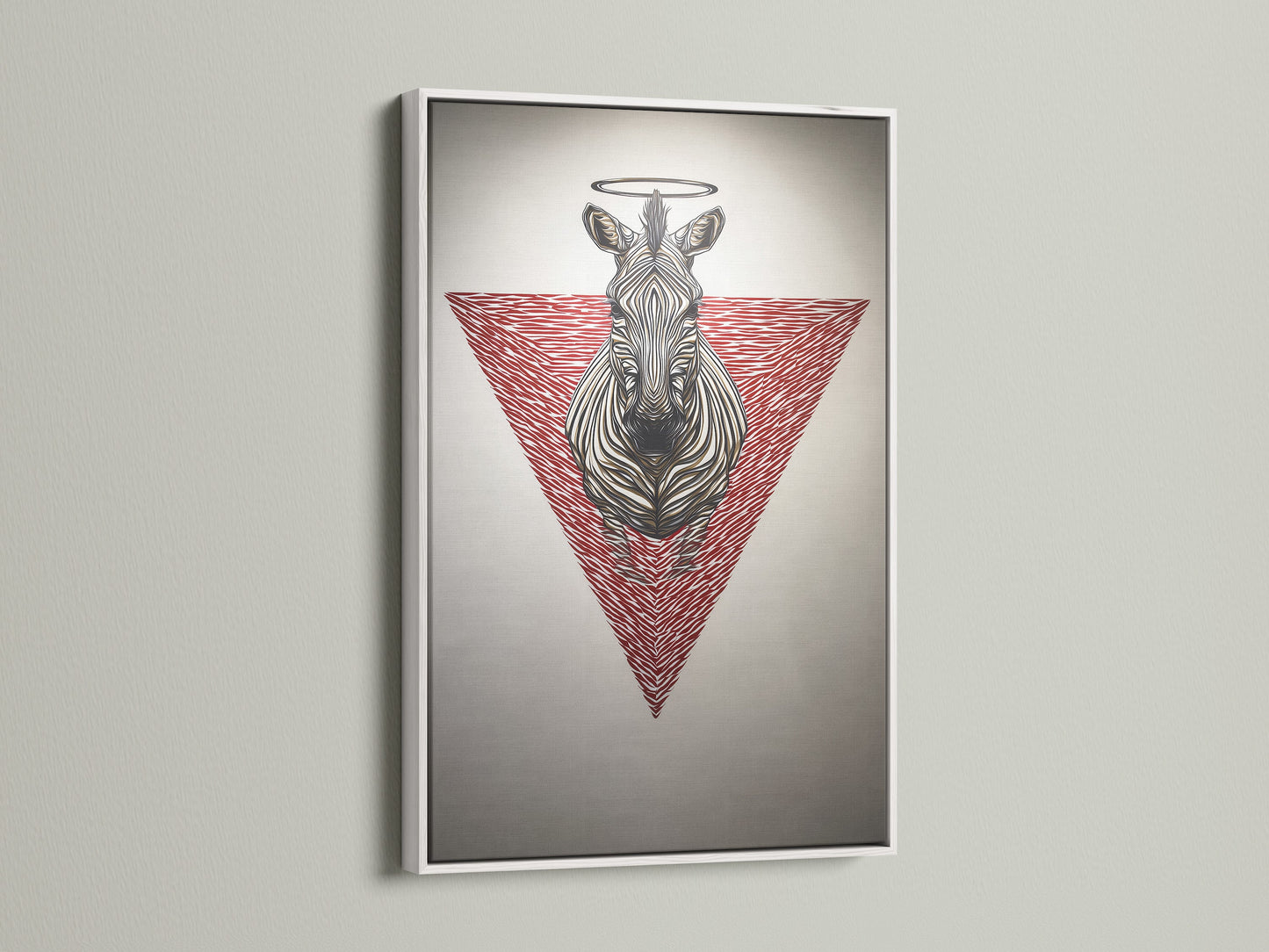 View zebra sacred geometry art showcased in a white frame. The white frame makes the red triangle canvas print stand out. This animal canvas print brings modern wildlife art to your space. A perfect addition to minimalist and contemporary interiors.