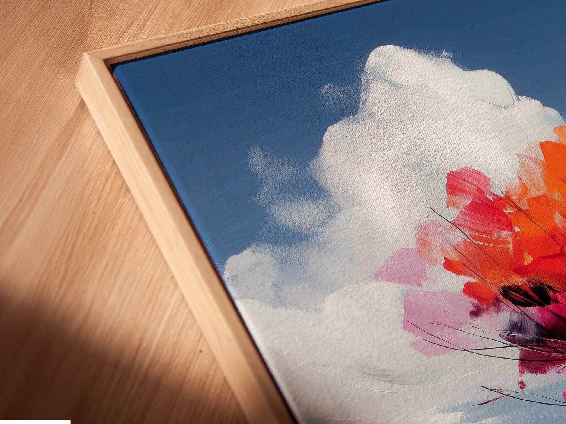 Here is an angled close up of a canvas print in a floating frame. The autumn tree artwork and colorful fall foliage are beautifully displayed. The floating frame adds a modern touch to the impressionist landscape. This is a perfect piece for living room or office wall art.