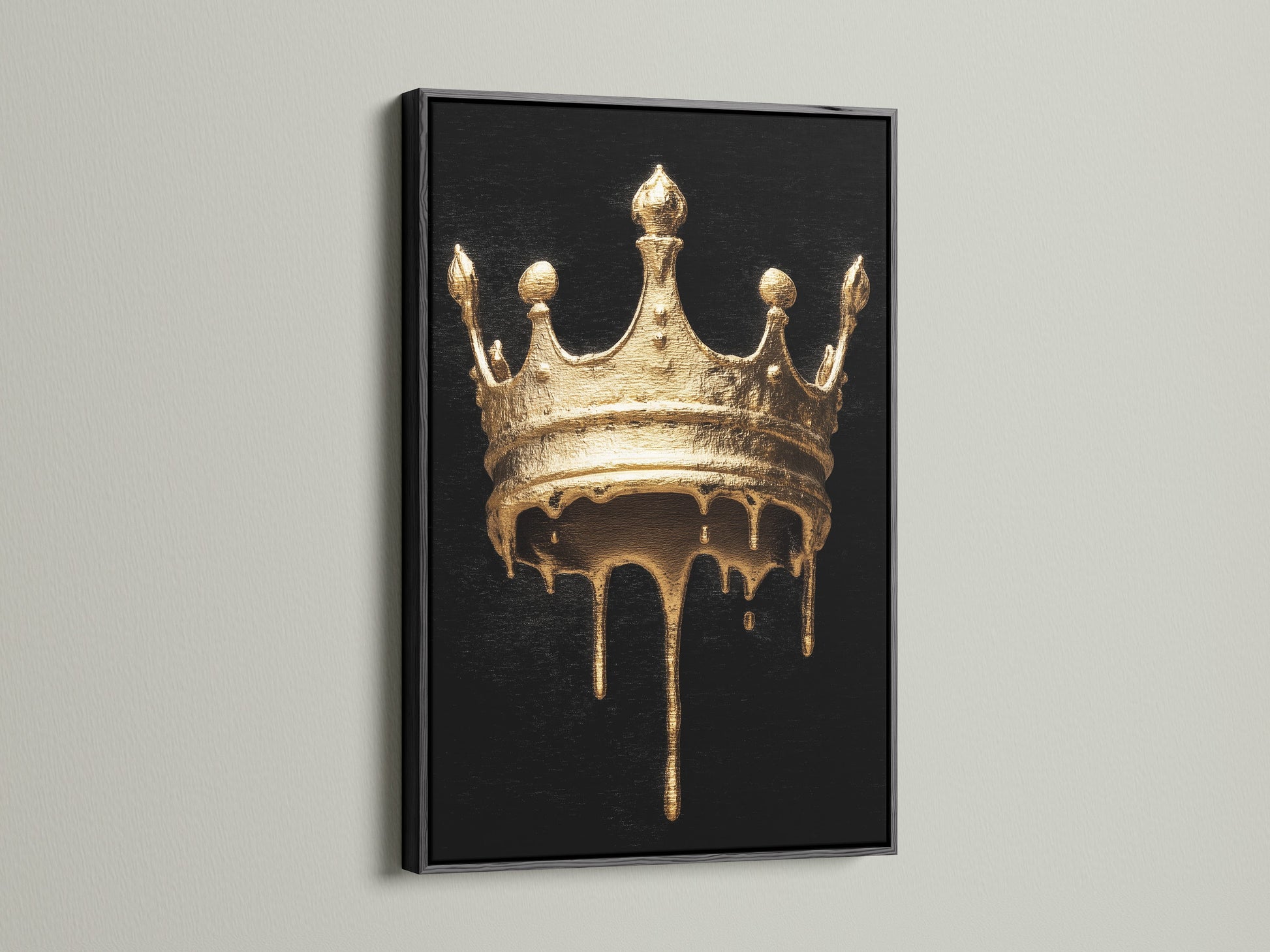 Melting Crown artwork with a black frame. The artwork features a gold melting crown on a black background. The black frame enhances the dramatic effect of the art. Add a touch of gothic style to your space.