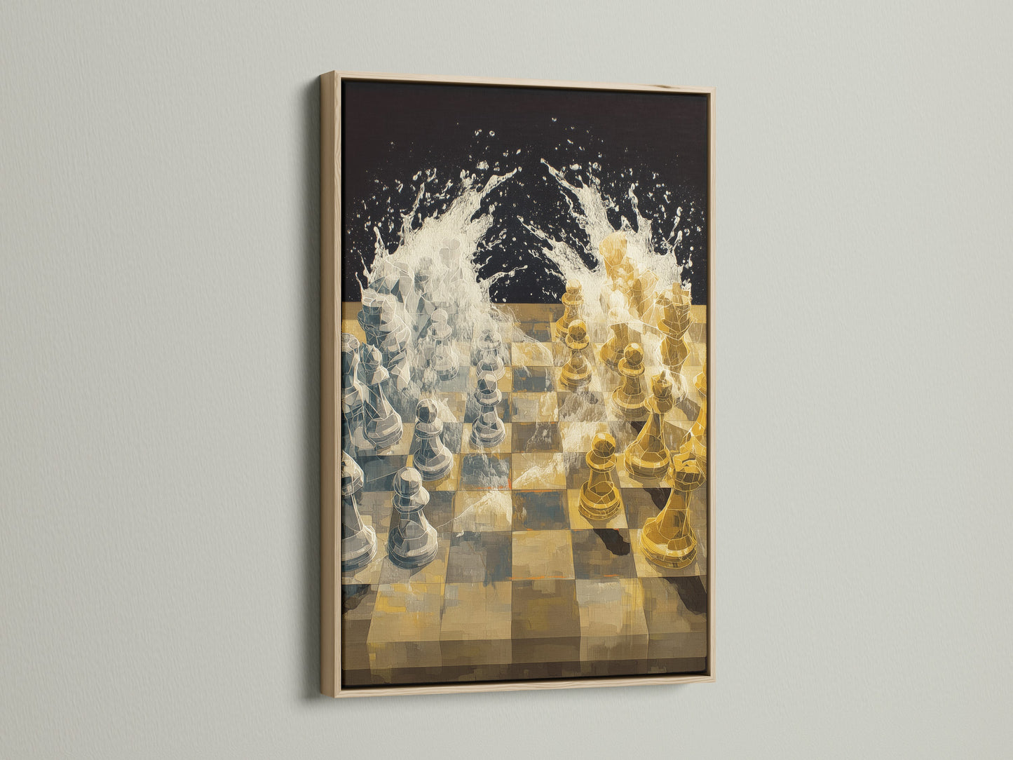 Experience the beauty of strategy with this chess game canvas print. This abstract artwork is framed in oak. It adds a touch of modern elegance to any room. Perfect for homeowners and interior decorators seeking elevated wall art.