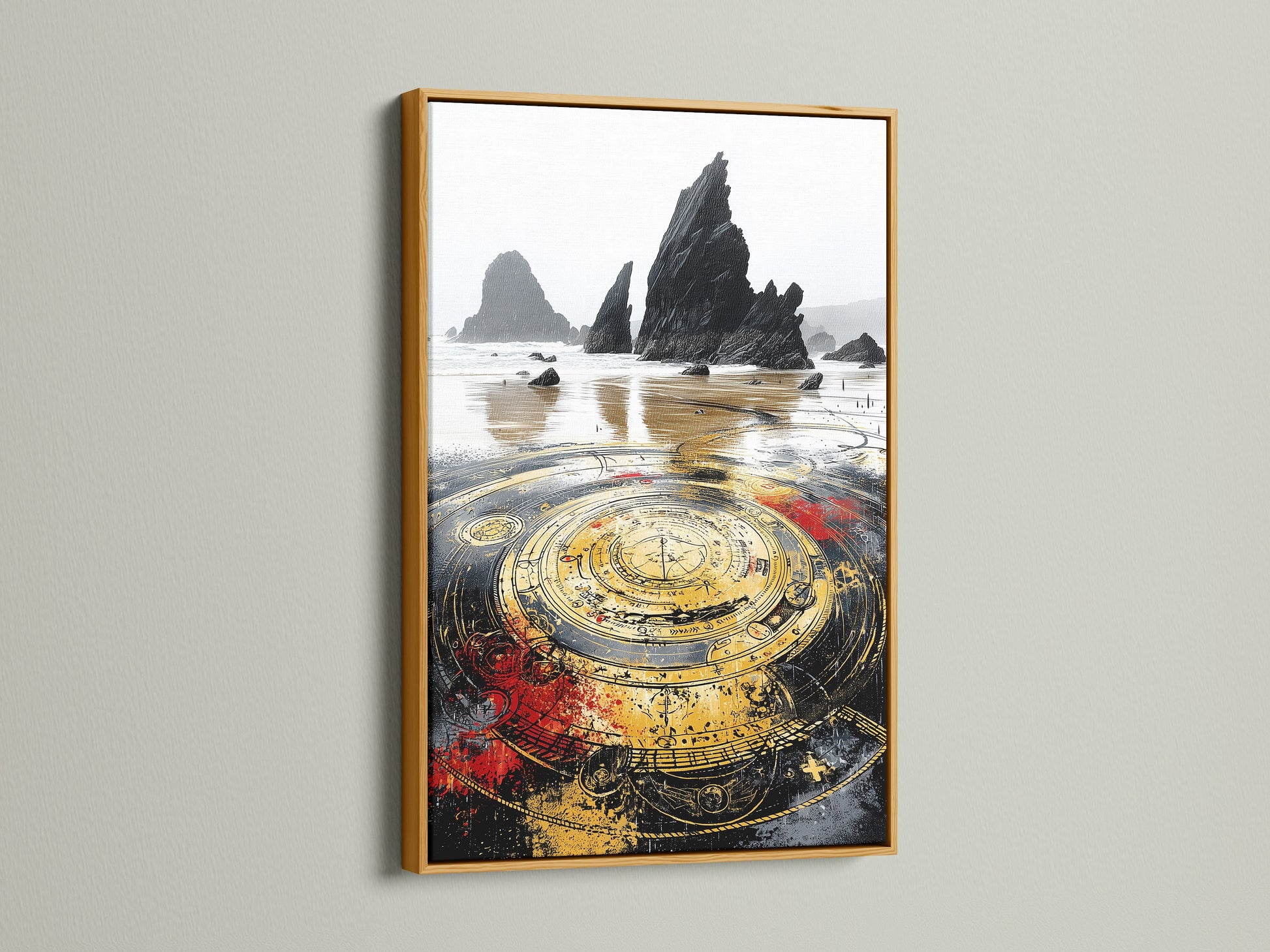 Elevate your walls with a gold frame featuring mystical compass art. The gold finish enhances the nautical feel of this canvas print. Perfect for living rooms bedrooms and office spaces.