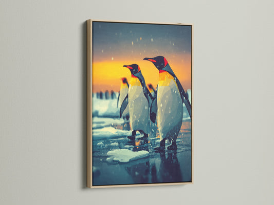 Penguin artwork in an oak frame. This arctic animal art is ideal for creating a cozy atmosphere. The sunset colors add warmth to any space. A great choice for nature wall art.