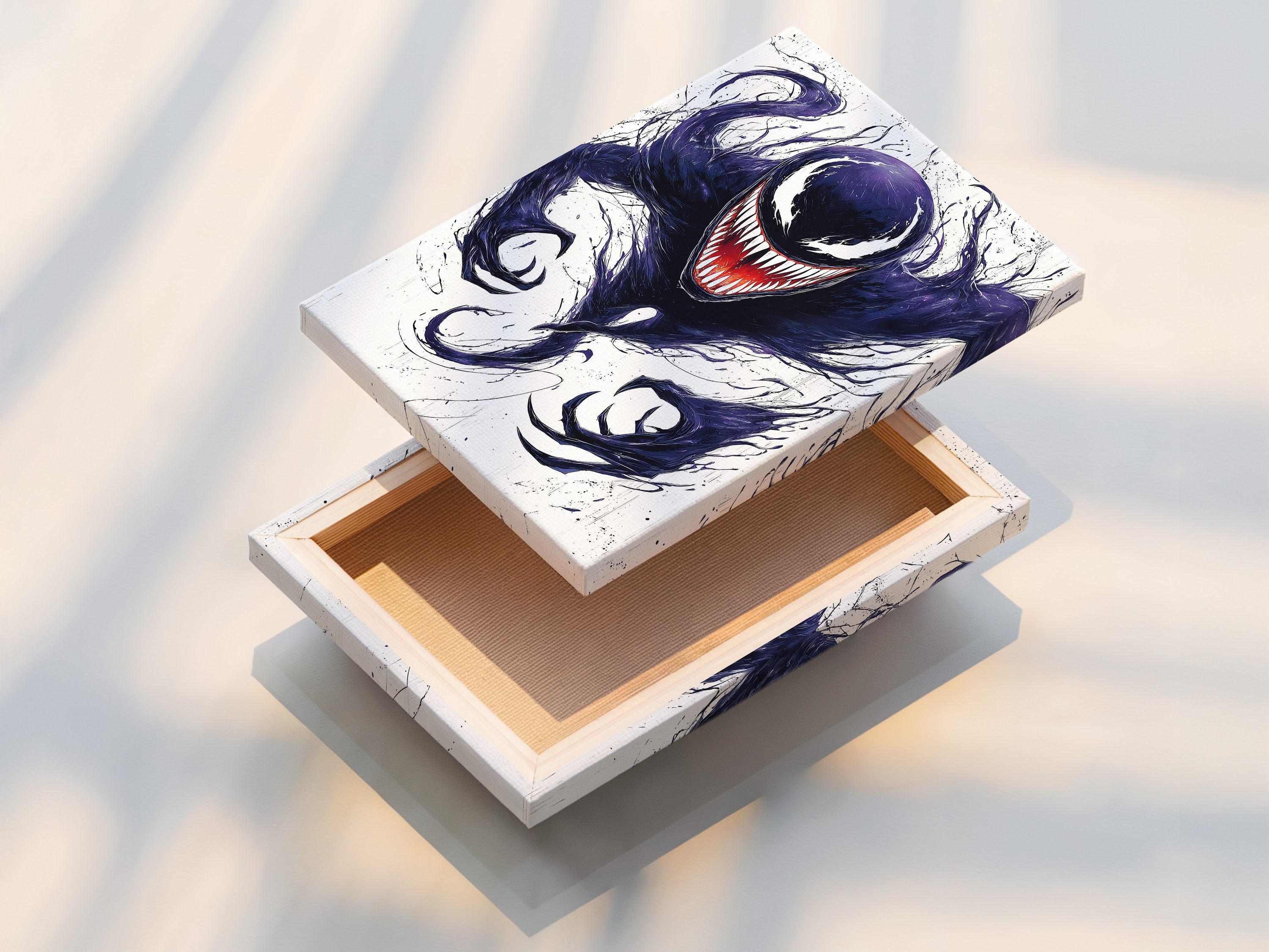 This stretched canvas print features a symbiote inspired monster. The gothic artwork adds a unique touch to any space. The dark creature art is ready to hang. It is perfect for horror and comic book fans.