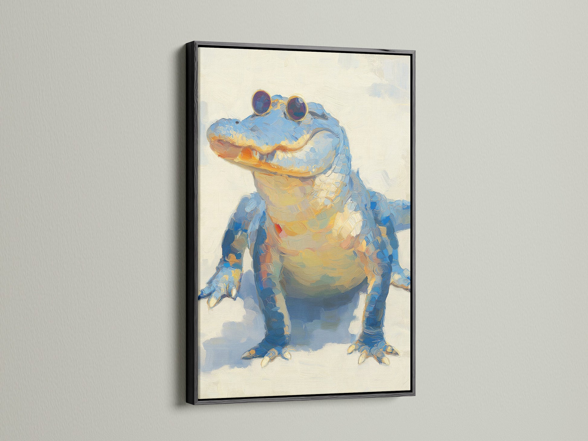 A sleek black frame adds a touch of sophistication to this alligator art piece. The dark frame provides a bold contrast enhancing the colors and details. Elevate your art with our timeless black frames. They offer a classic gallery feel.
