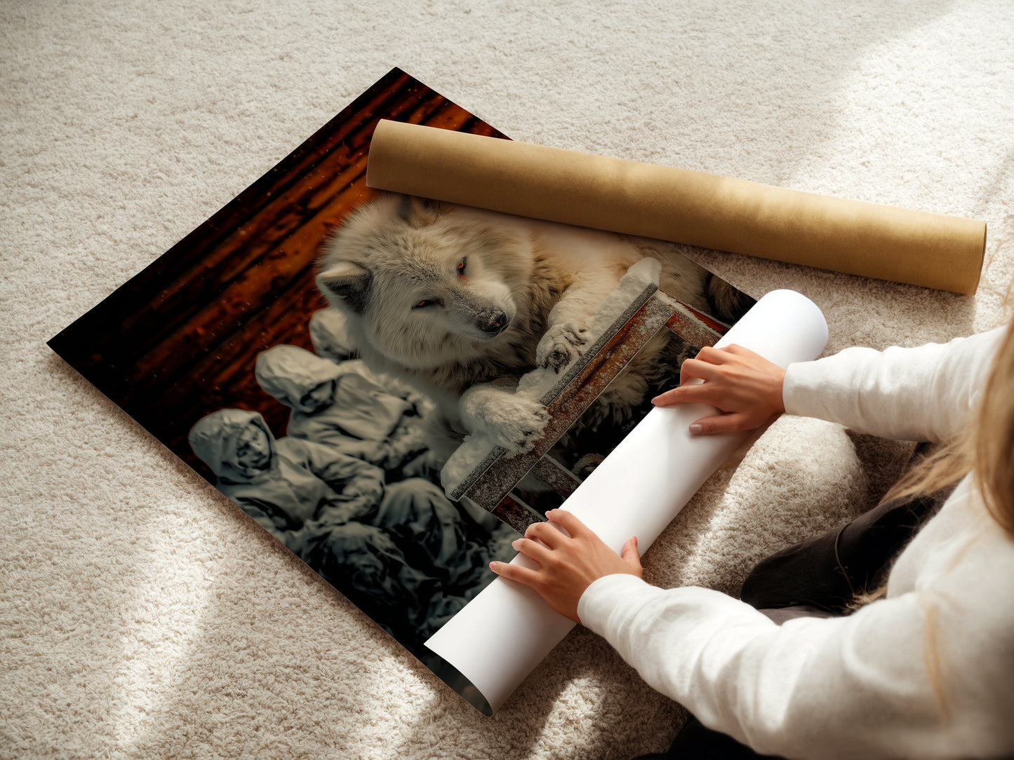 A woman is carefully rolling a fine art poster paper featuring a white wolf artwork. The high-quality paper ensures the winter scene print looks vibrant and detailed. Perfect for creating stunning wall displays.