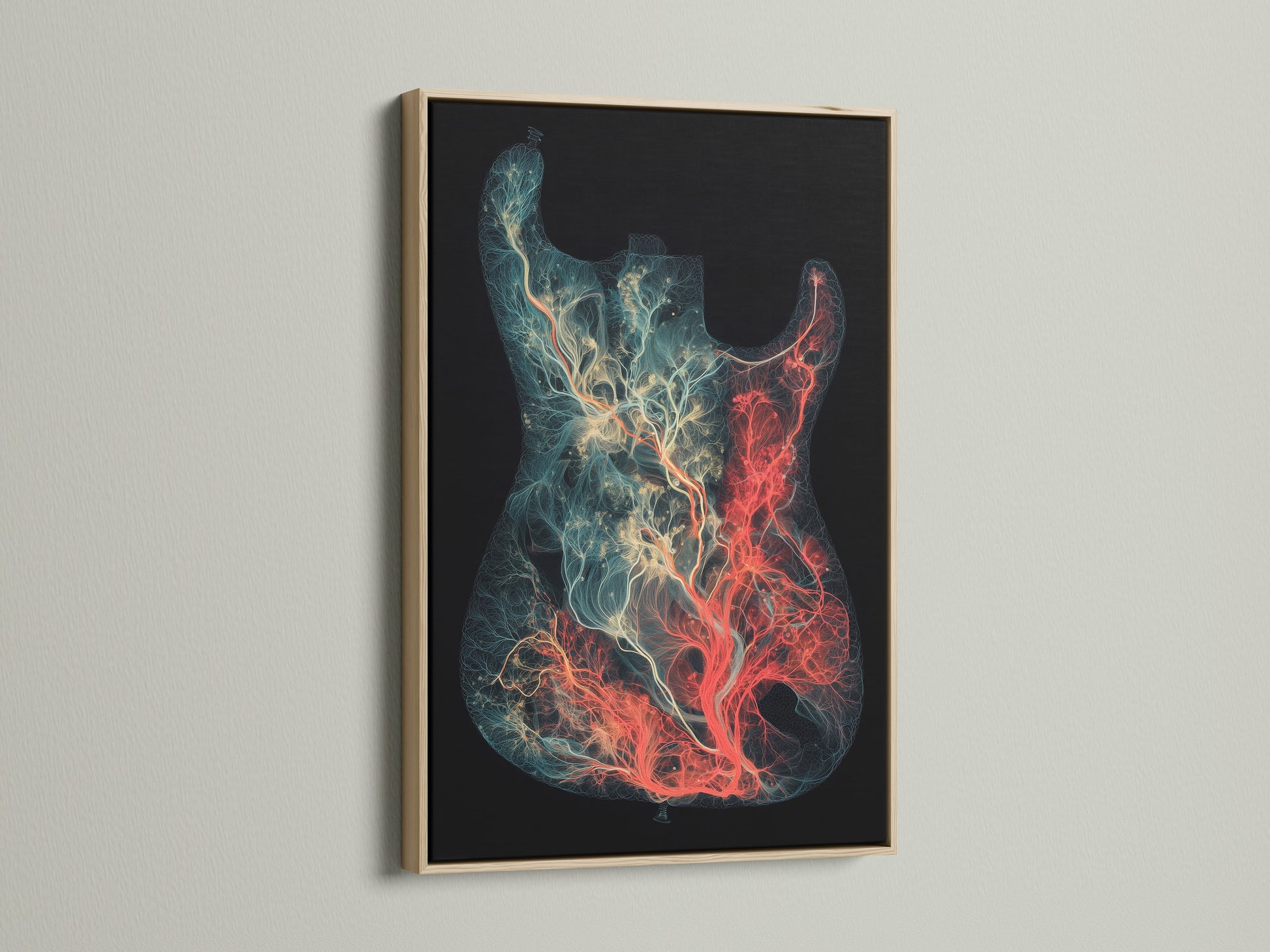 Artwork in an oak frame. The art features a guitar with tree-like patterns. The oak frame enhances the art's organic feel. It is ideal for music lovers and art collectors. The piece brings a warm and inviting atmosphere to any space. Perfect for adding a touch of nature-inspired creativity.