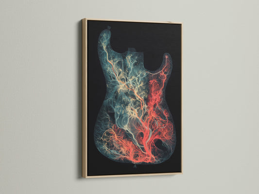 Artwork in an oak frame. The art features a guitar with tree-like patterns. The oak frame enhances the art's organic feel. It is ideal for music lovers and art collectors. The piece brings a warm and inviting atmosphere to any space. Perfect for adding a touch of nature-inspired creativity.