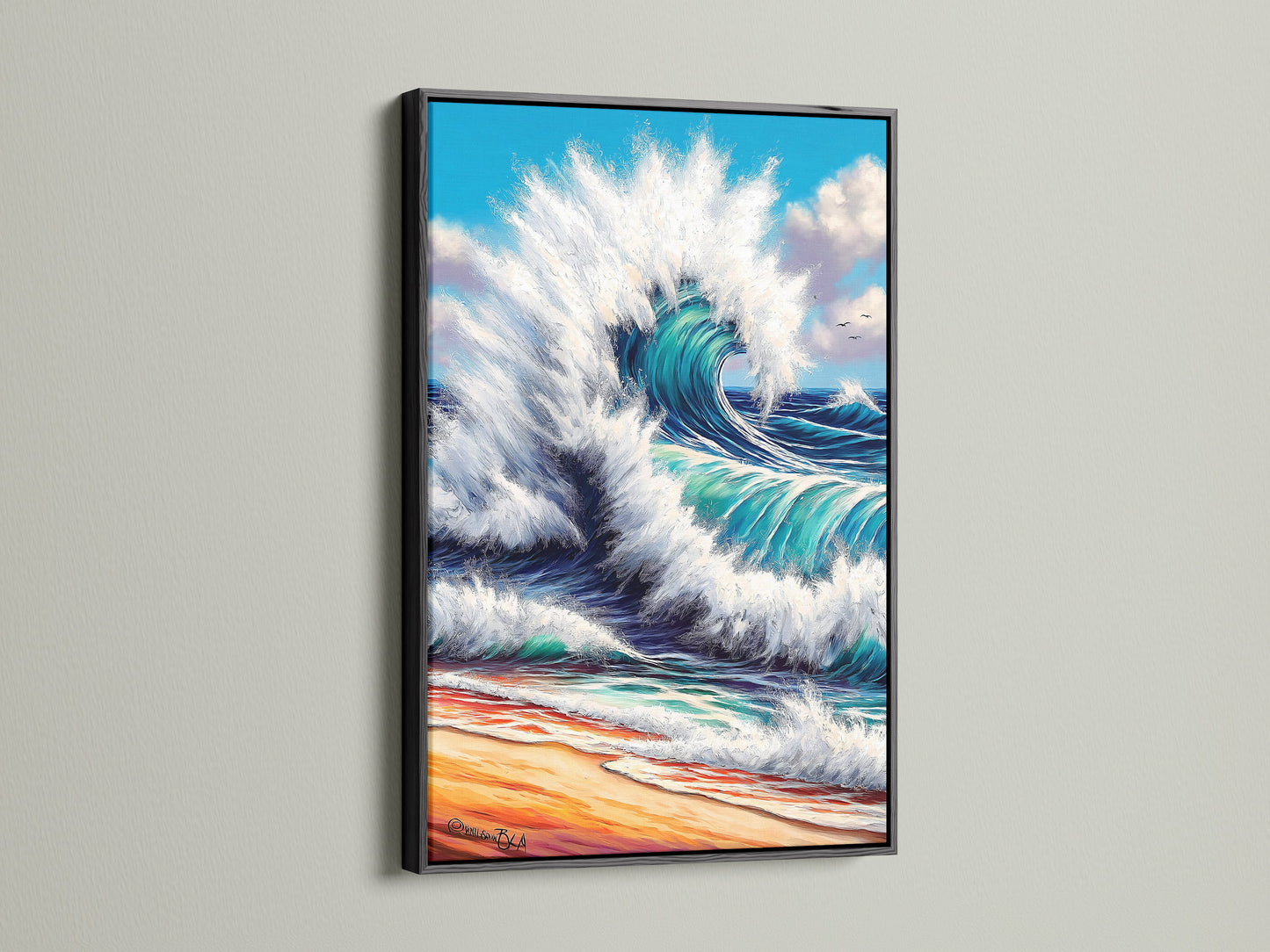 The black frame highlights the beauty of the ocean artwork. The teal seascape canvas is a striking addition to any wall. It is ideal for modern interiors. This beach print evokes coastal charm. A perfect gift for ocean art enthusiasts.