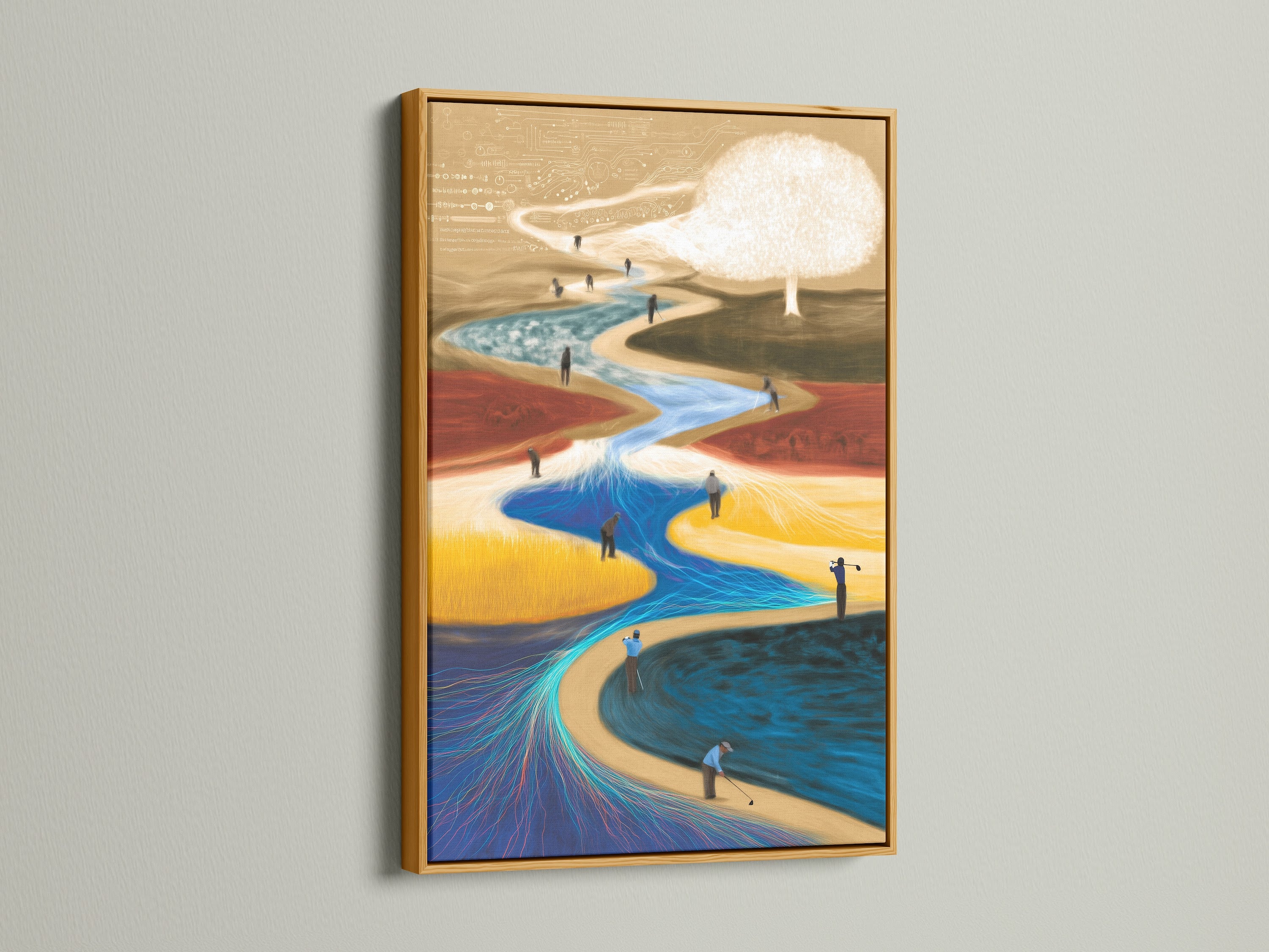 Surreal landscape artwork in a gold frame. This abstract canvas print is a stunning piece of office wall decor. The dreamscape wall art adds a touch of elegance. A contemporary flowing art print.