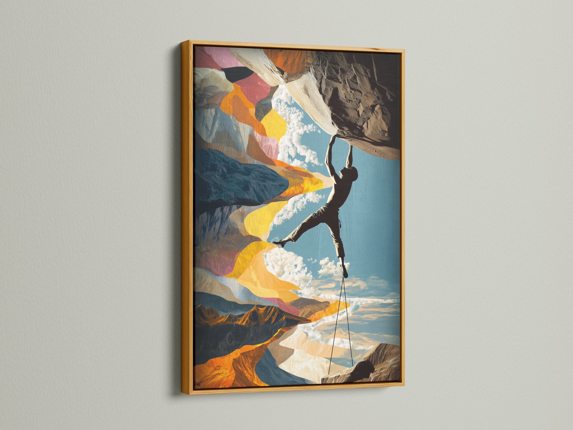 A gold frame surrounds this rock climbing artwork. Add an adventure canvas to your wall. This mountain sports art is perfect for your office. It makes a great extreme sports gift. It is a great piece for sports wall decor
