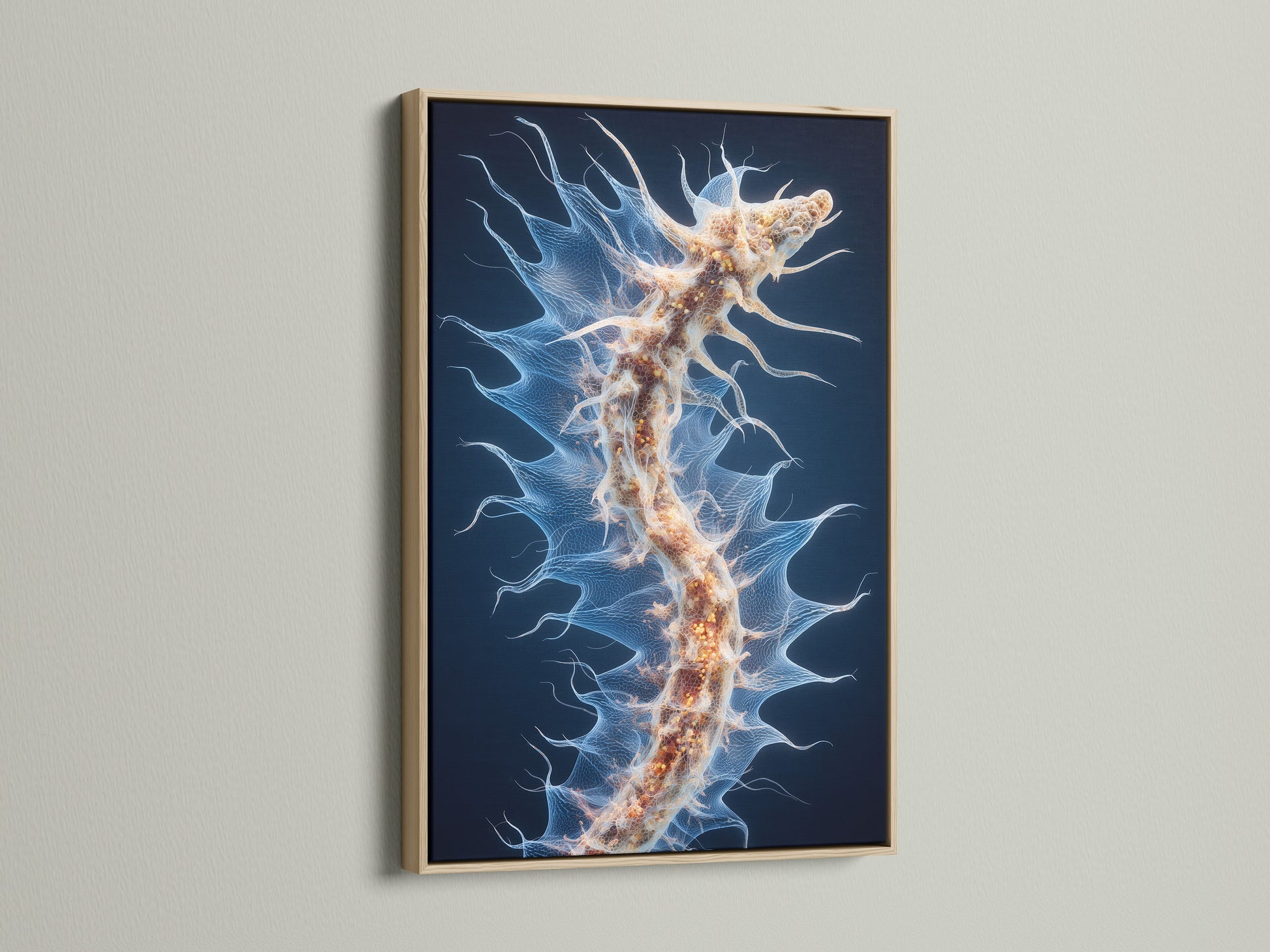 Abstract artwork is showcased in an oak frame. The natural wood grain enhances the art. Perfect for adding warmth to any space. This frame brings nature indoors.
