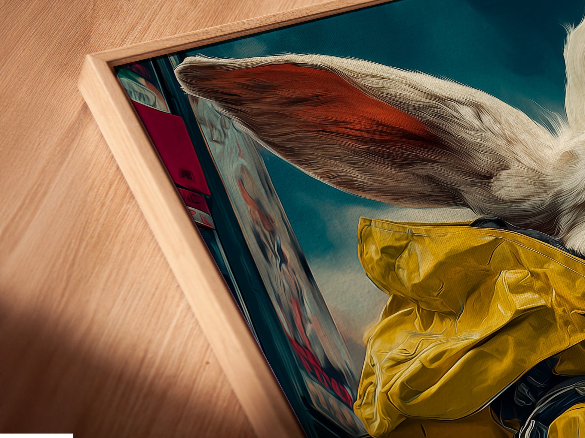 A close up angled view shows a canvas print in a floating frame. The cyberpunk rabbit artwork is visible. The floating frame enhances the art's contemporary look. It is perfect for gaming rooms or modern offices. This piece adds a unique touch to studios. It is available as a canvas or fine art print.
