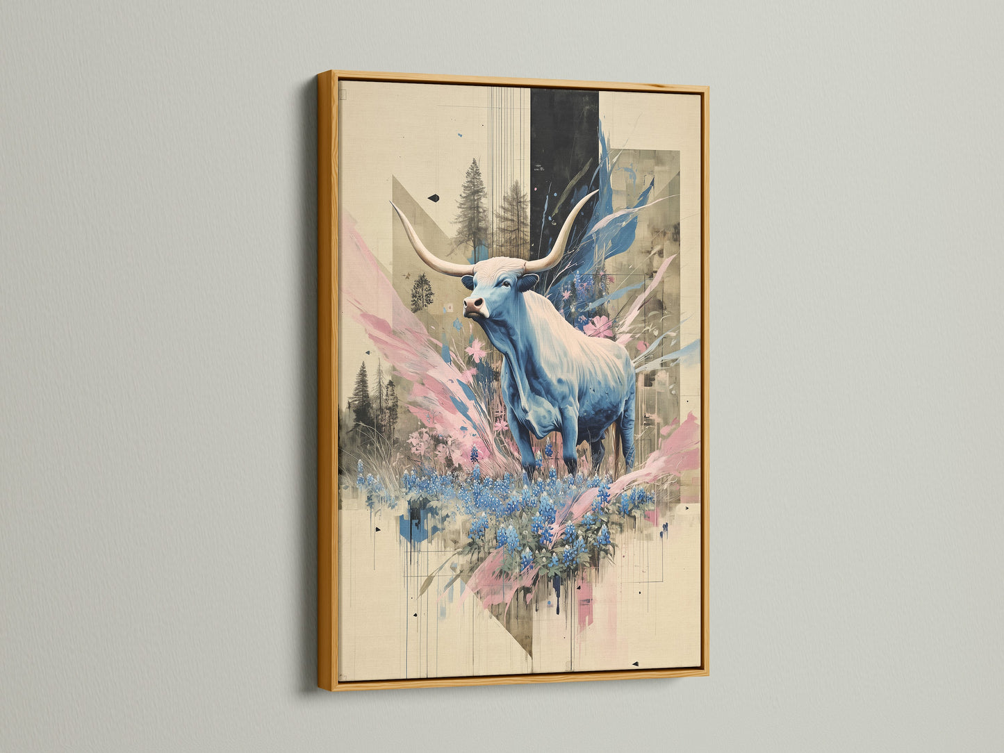 A bull art print with a gold frame. Contemporary animal canvas art featuring blue abstract wildlife. The gold frame adds a luxurious touch to this modern wall decor. Perfect for adding a touch of elegance to any room. This animal print is ideal for country and farmhouse style homes.