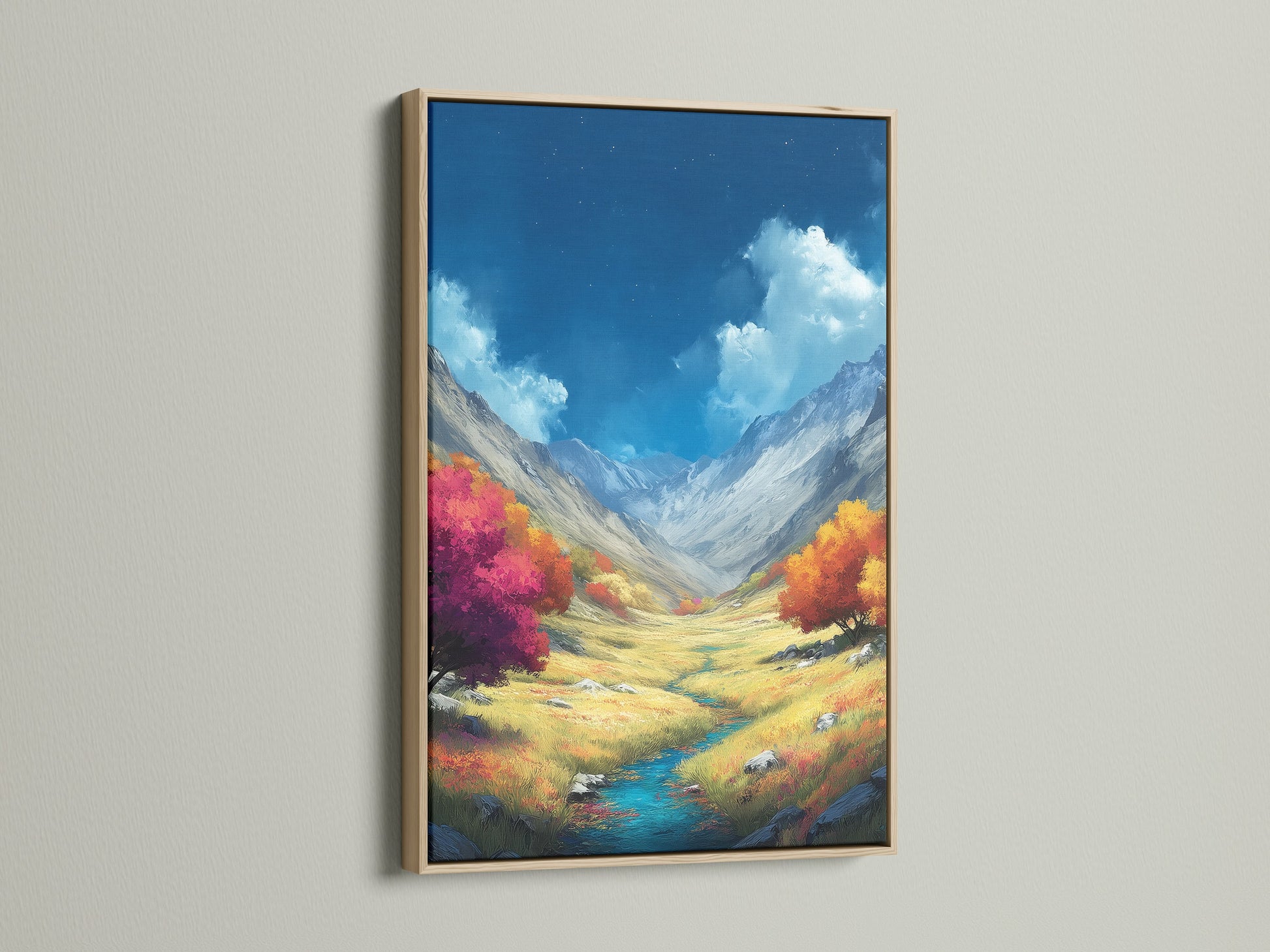 Mountain Valley Canvas Print in an oak Frame. This artwork shows a beautiful autumn landscape. The nature print offers scenic wall art. Fall colors create a warm inviting ambiance. Ideal for cabin owners and nature lovers alike. The oak frame adds a touch of rustic elegance.