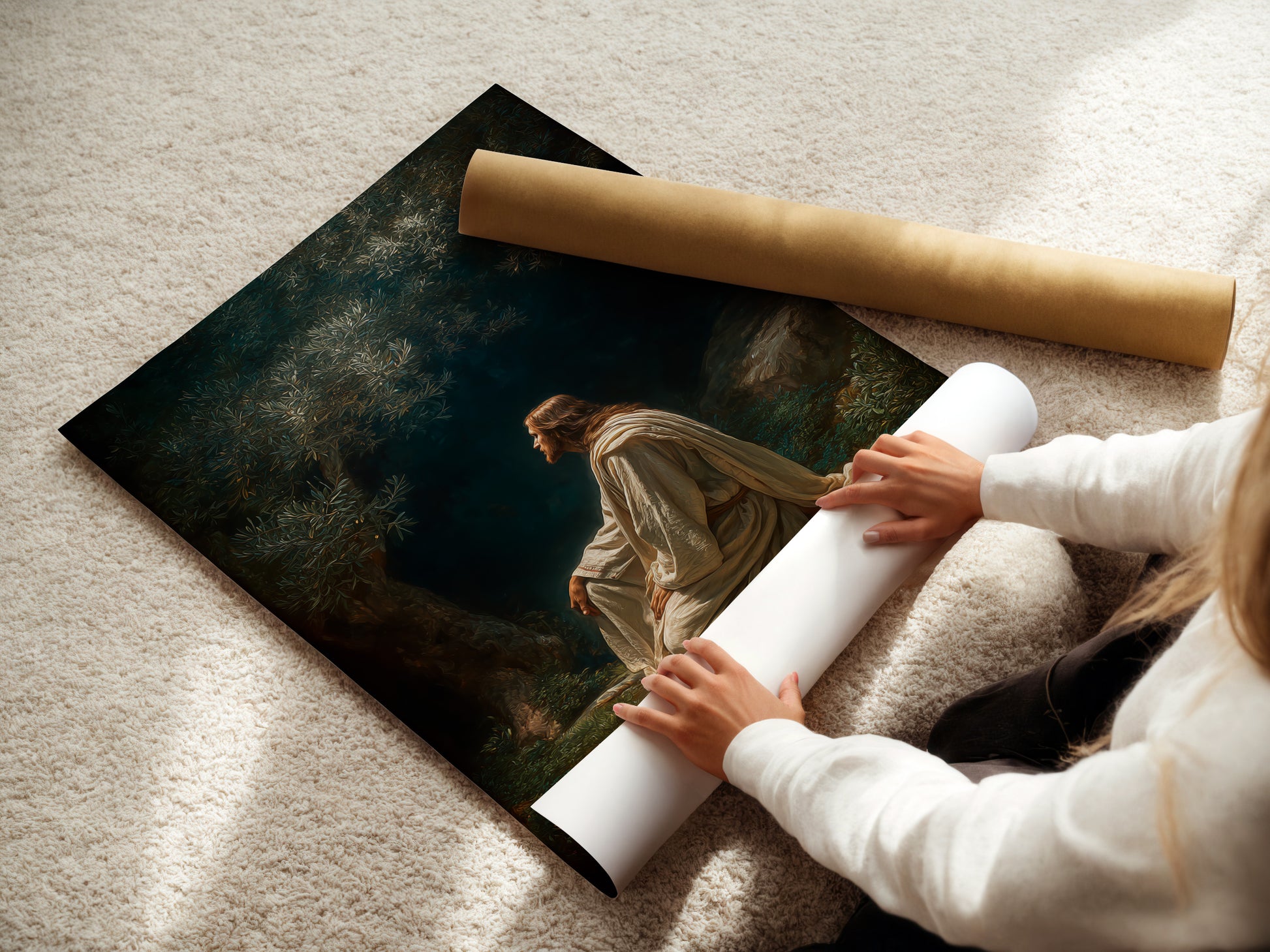 A woman is carefully rolling fine art poster paper. She is preserving its quality. Ensuring a perfect presentation. High quality materials guarantee lasting beauty. Get your fine art prints on premium paper. Order now and experience the difference. Transform your art today.