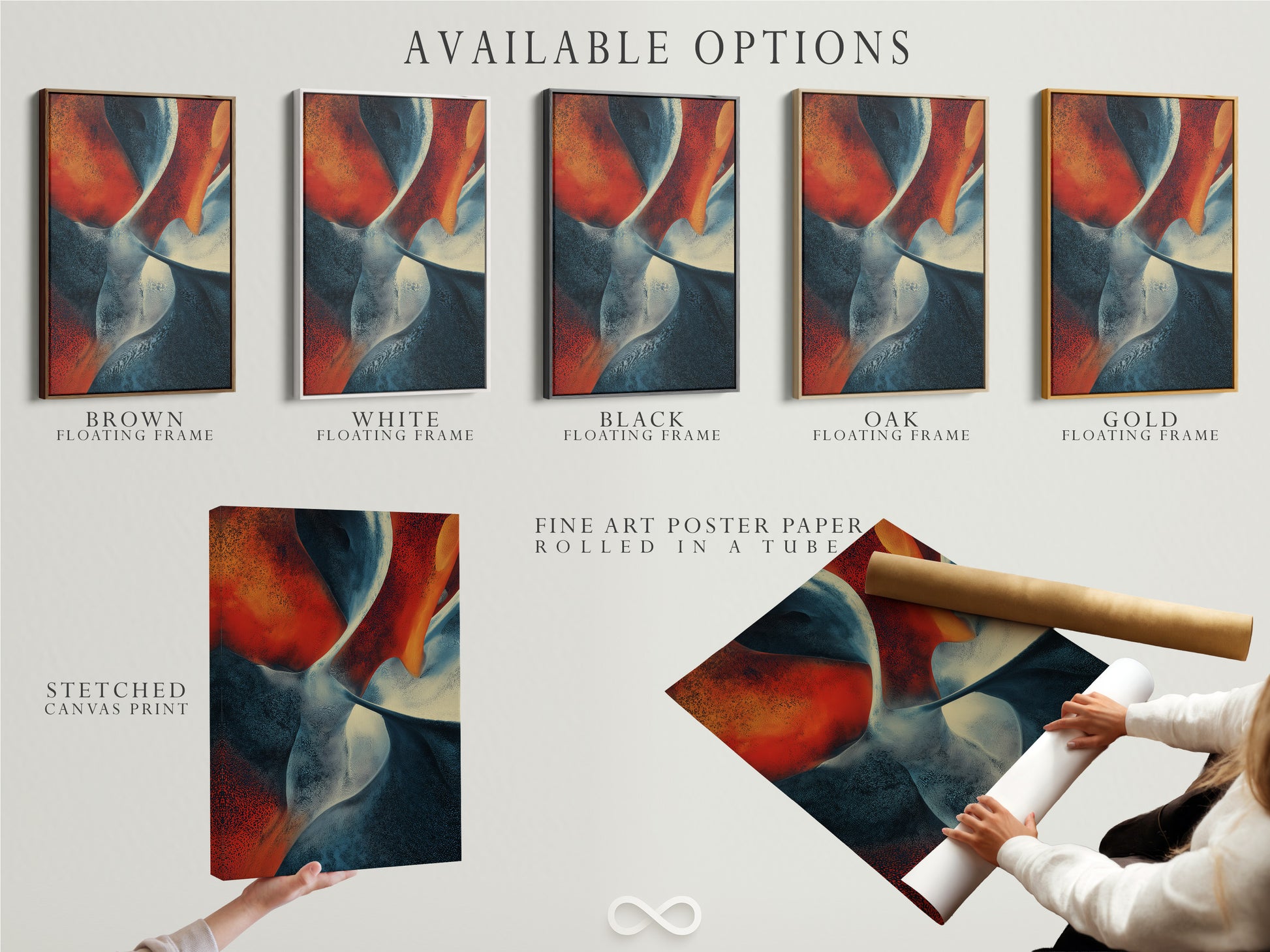 Available options for the artwork are displayed. Options include stretched canvas print fine art poster paper and floating frame. The artwork has abstract shapes in red white and blue. Choose the perfect option to suit your style. Customize your wall art today. Shop now and explore the possibilities.