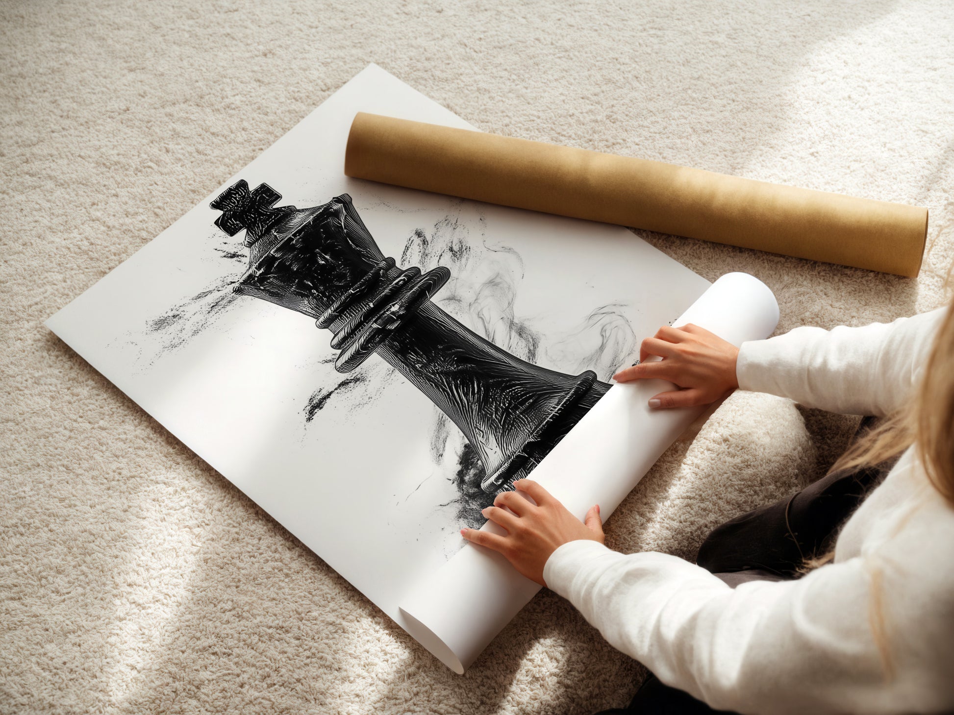 A woman rolling a fine art poster paper. She is preparing it for display. Fine art poster paper ensures high-quality prints. It captures every detail of the artwork. Create stunning displays with our premium fine art poster paper. Perfect for art enthusiasts.