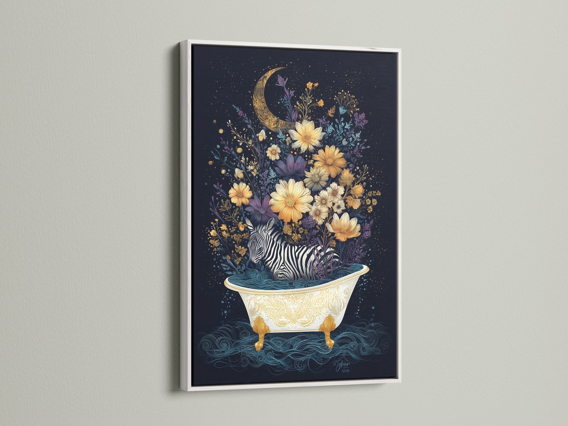 A zebra lounges in a bathtub surrounded by flowers. The floral moon artwork brings a whimsical touch. The artwork is framed in a white frame. This unique home art is great for bathroom wall decor or a quirky addition to any room. Get your own animal art prints today!