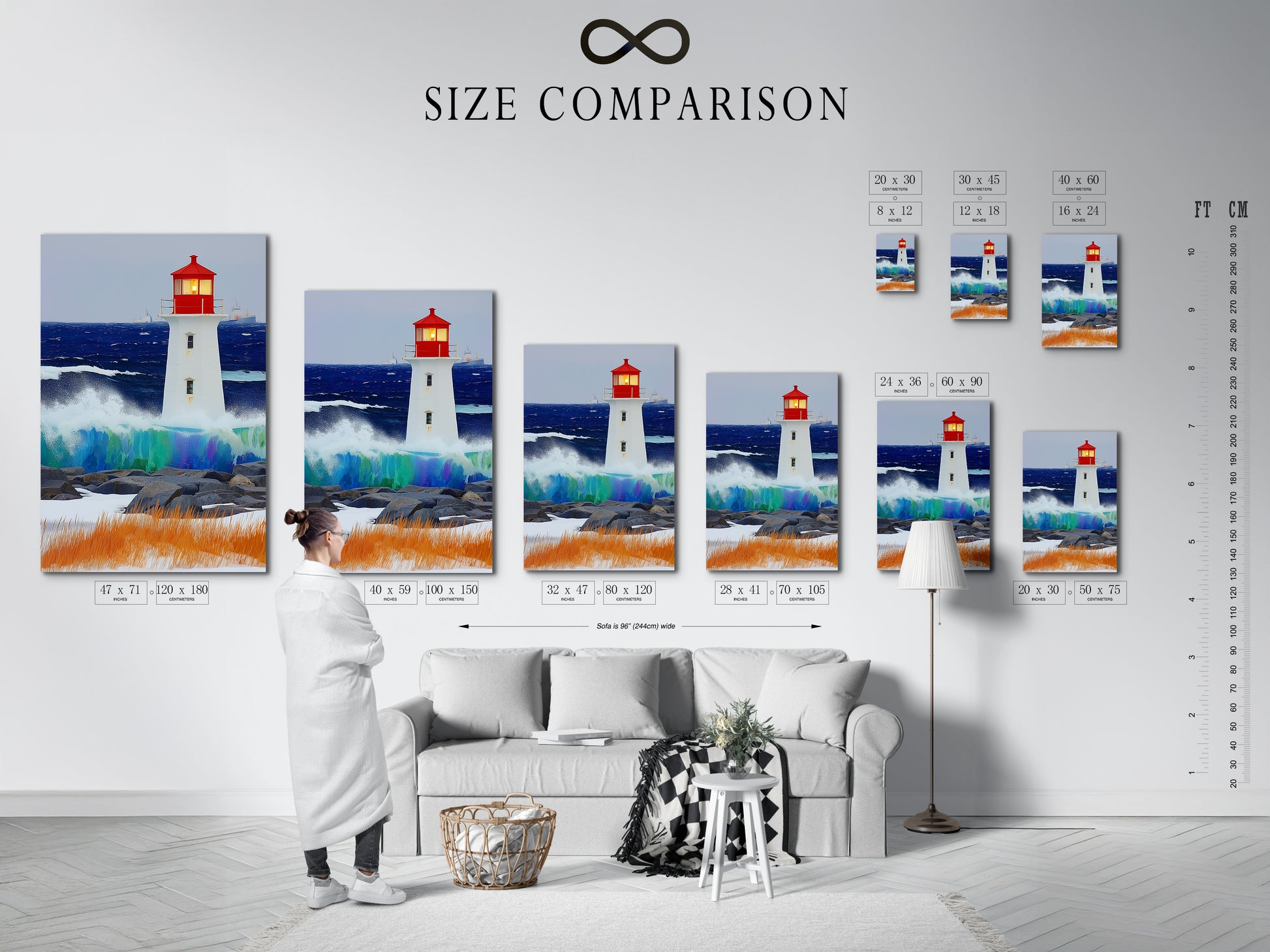 A size comparison chart featuring a lighthouse artwork in an interior. This chart helps you visualize the perfect fit for your space. Choose the ideal size to complement your wall decor. Nautical and coastal wall art.