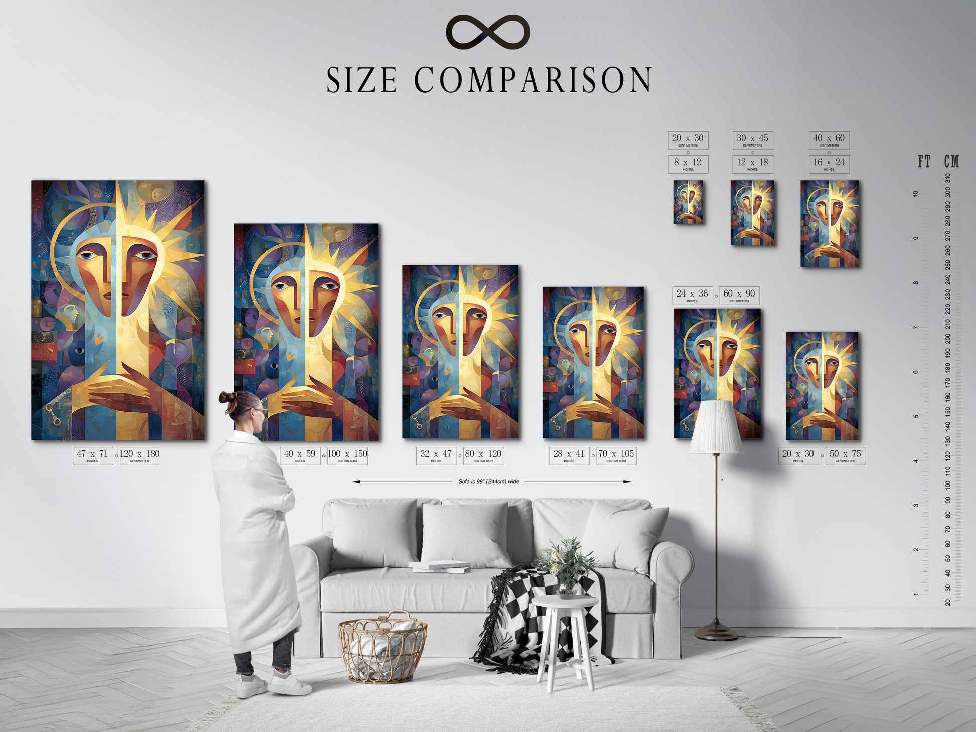 Use this size comparison chart to visualize art in your space. See how different sizes fit in an interior setting. The chart helps you choose the perfect artwork size. Plan your gallery wall with confidence. Find the ideal size for your home or office