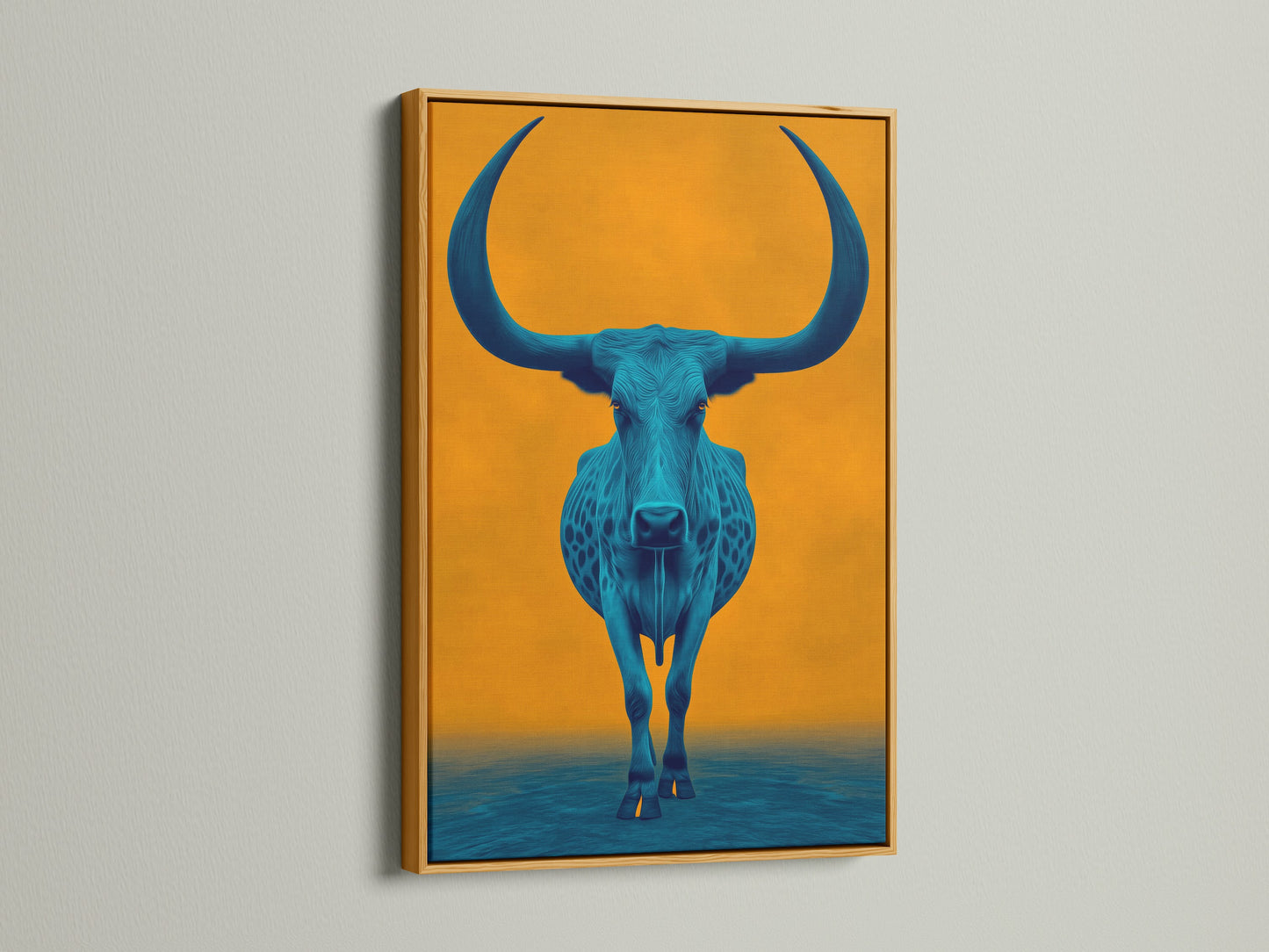 Admire longhorn art with a touch of gold. The gold frame enhances the blue animal art. This bull painting adds a luxurious feel to any space. The artwork is a perfect blend of farmhouse and modern styles. This complements ranch or eclectic decor.