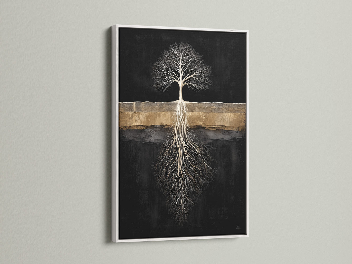 A Tree of Life art piece is elegantly framed in white. This minimalist wall art brings a serene touch to your bedroom. The white frame enhances the black and gold art creating a zen wall decor. Shop now for a tranquil aesthetic.