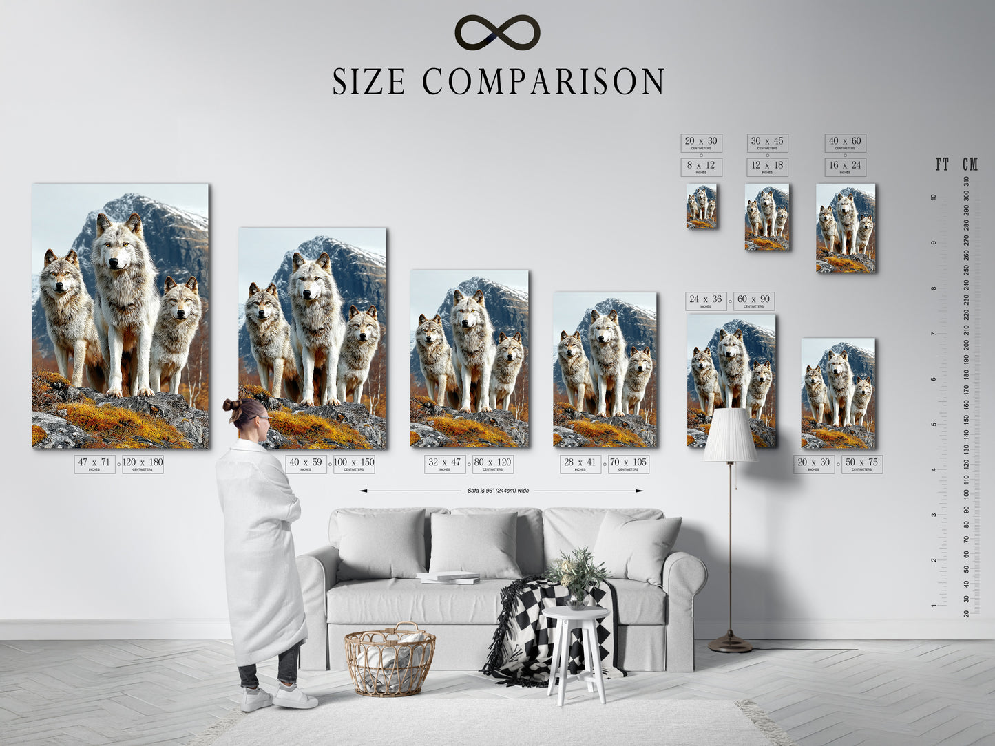 Size comparison chart for the Wolf Pack artwork in an interior setting. Visualize the ideal scale for your wildlife print. See how the mountain landscape fits your wall. Choose the perfect canvas or poster size for your cabin decor.