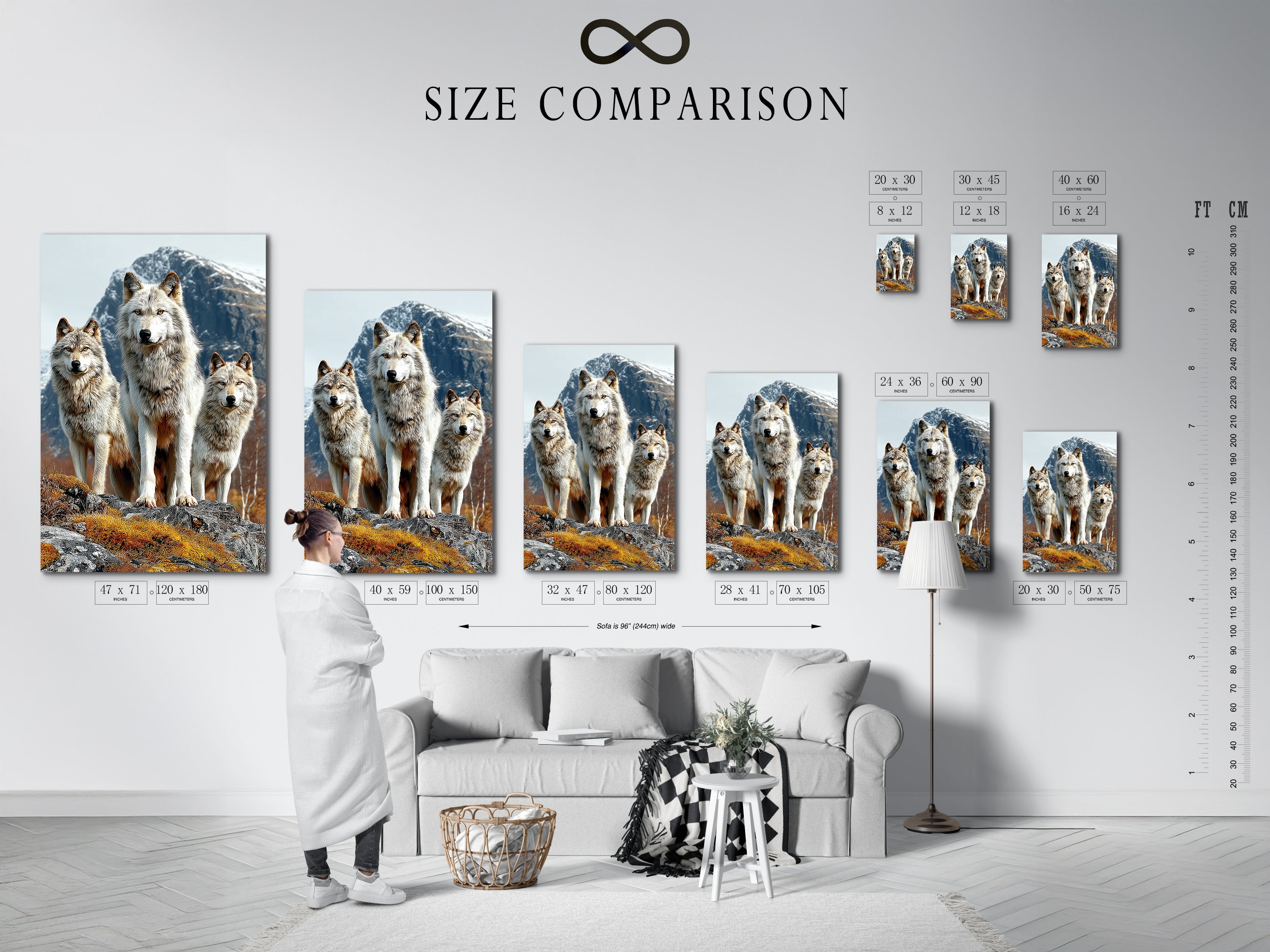 A size comparison chart in an interior setting. Illustrates various dimensions for the wolf art canvas print. Helps customers visualize the artwork in their space. Perfect for planning your wall decor. The wildlife animal artwork will enhance any room. The mountain landscape artwork is ideal for creating a nature-inspired theme.