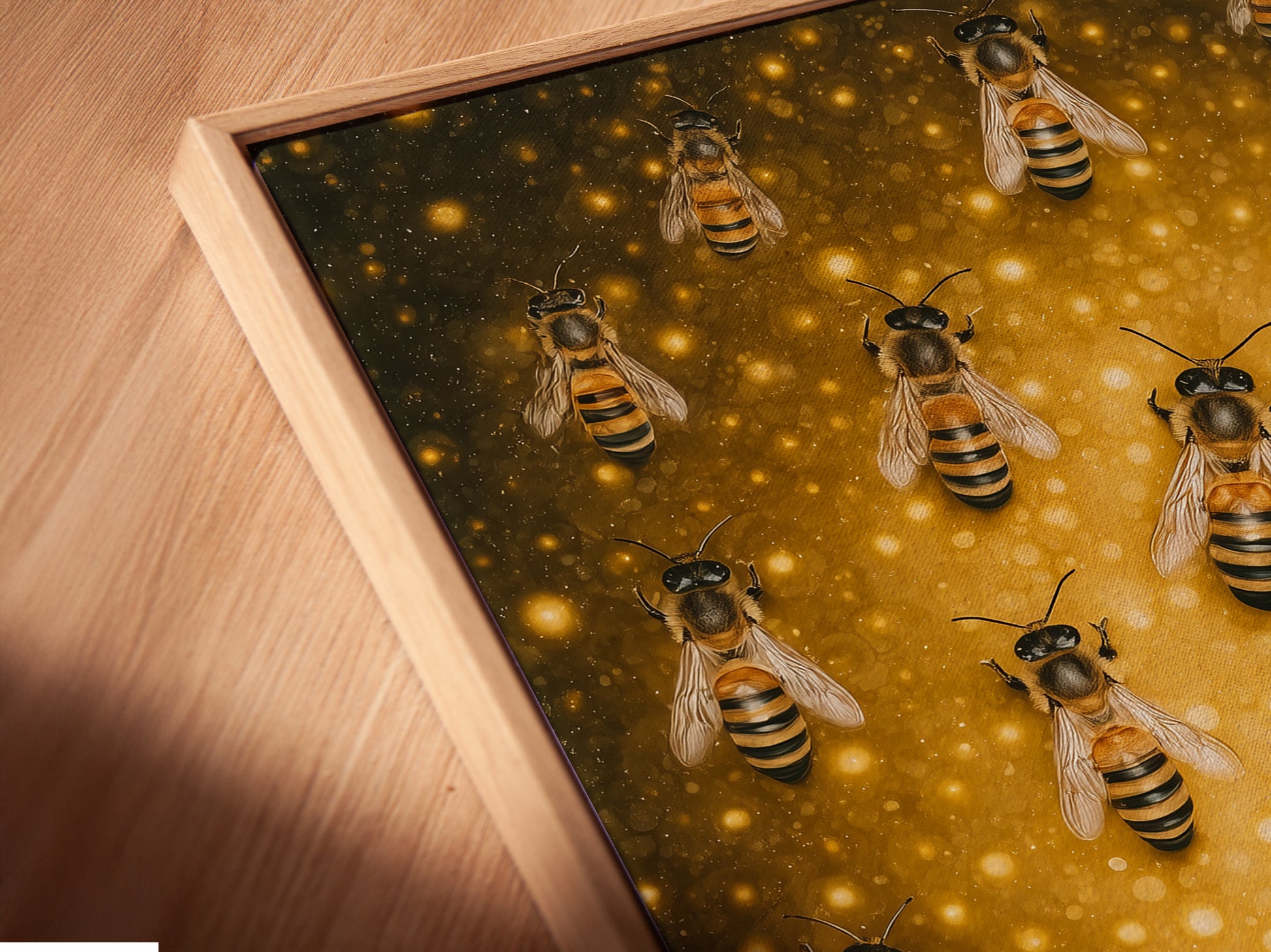 A close-up shows a honey bee canvas print in a floating frame. The floating frame gives the artwork a modern gallery look. The print features detailed insect artwork. Perfect for adding a touch of nature and elegance to your walls.