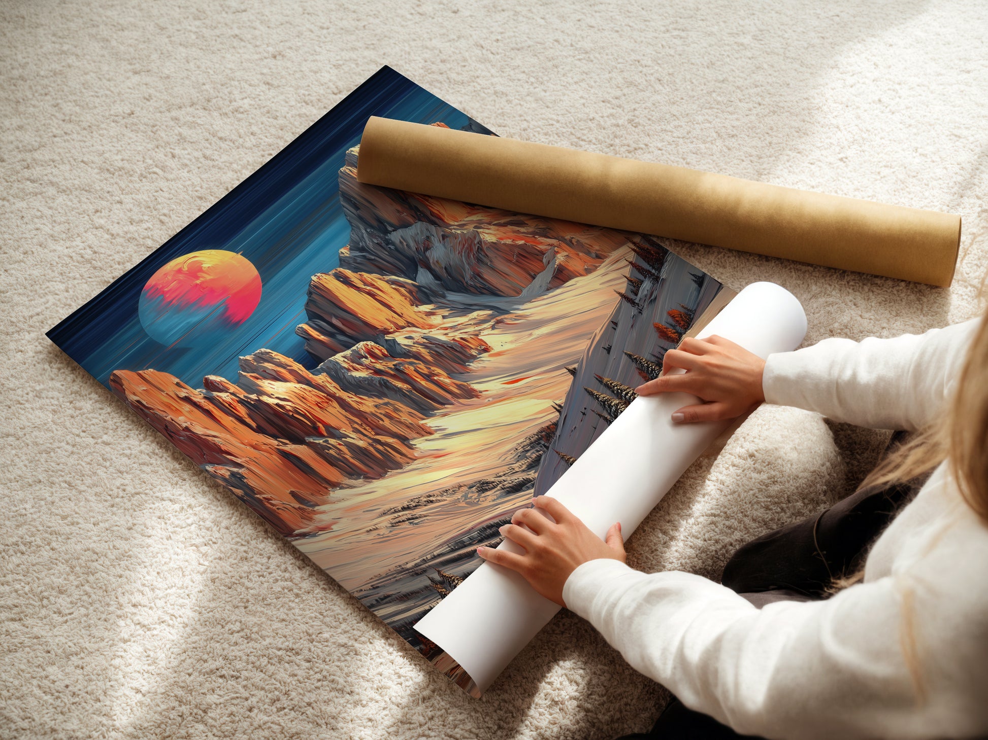 A woman carefully rolls a fine art poster paper print of the mountain moon artwork. This winter landscape scene features peach and teal colors. Get ready to display beautiful alpine artwork in your home. High-quality printing ensures lasting beauty. Perfect for art enthusiasts.