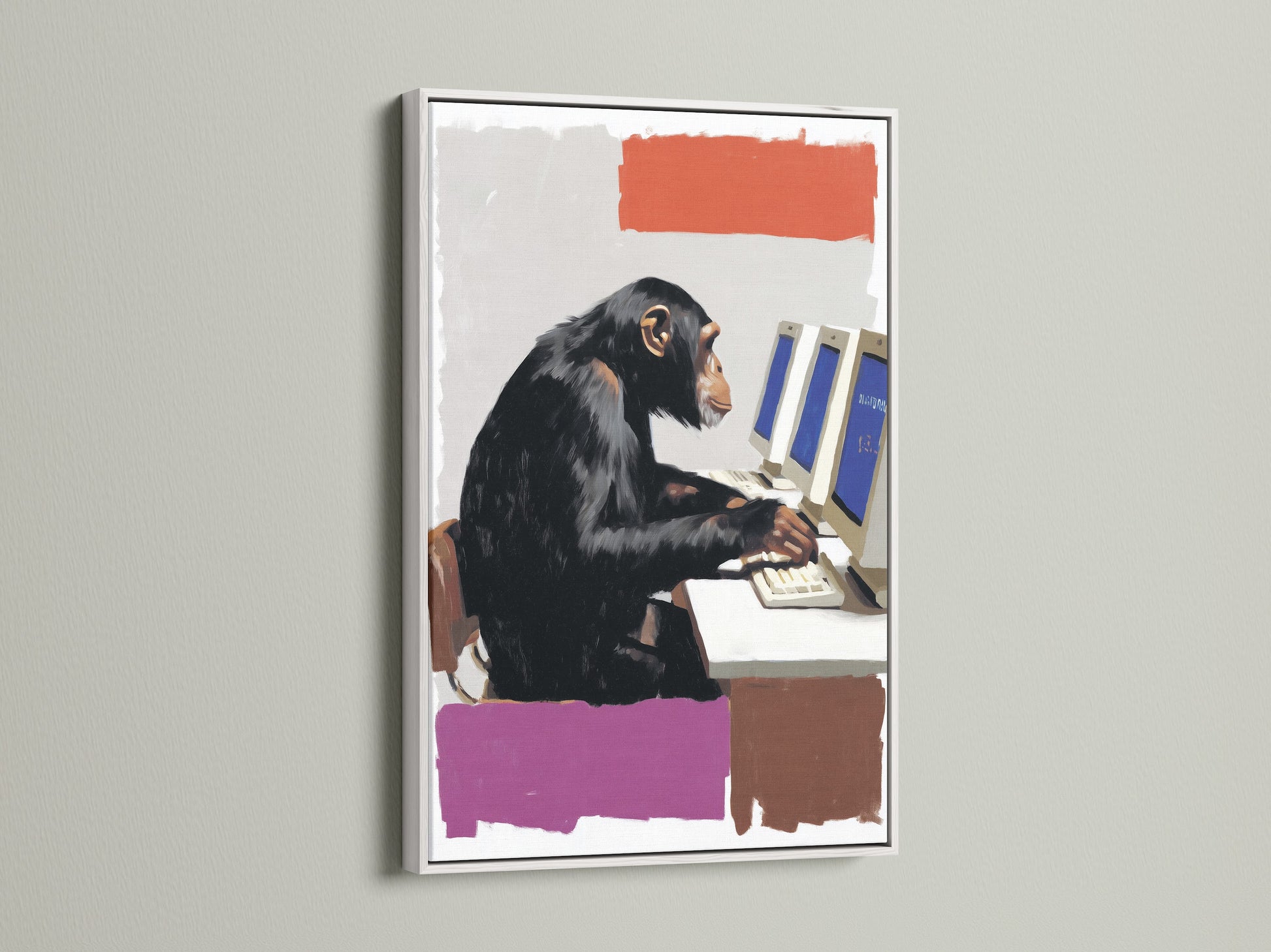 A modern monkey computer art print presented in a white frame. This humorous artwork is perfect for adding a light touch to your office decor. The chimp wall art is both quirky and stylish. It makes a statement in any home office or workspace. Get this funny animal art to brighten your day.