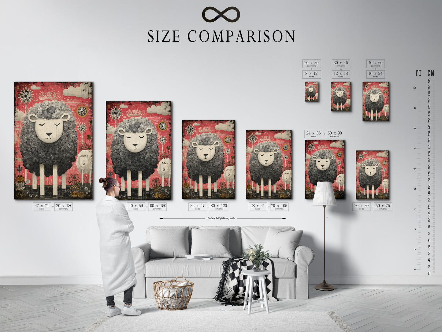 Size comparison chart displayed in an interior setting. The chart showcases various dimensions for art prints. This helps customers visualize the perfect size for their space. Sheep artwork is used as an example.