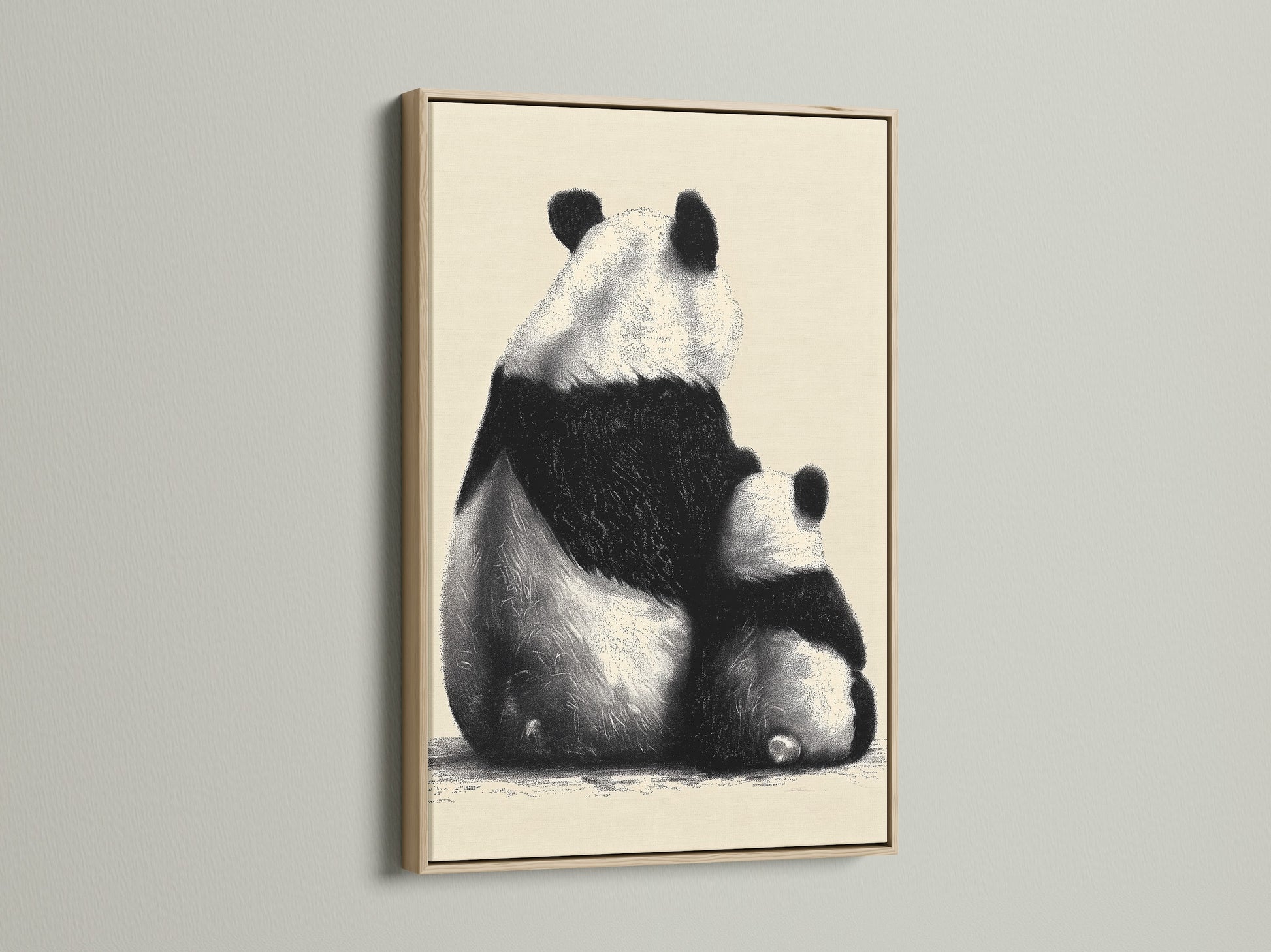 This image showcases an oak frame. The artwork inside features a delightful panda with its cub. The oak frame provides a natural and warm touch to the artwork. Enhance your home with this elegant framed art.