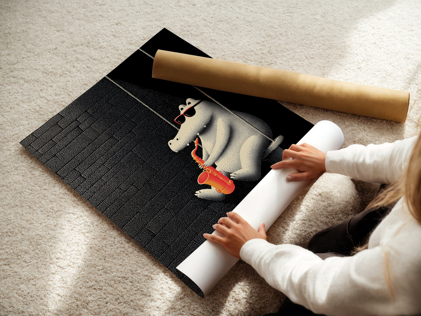 A woman is carefully rolling fine art poster paper. The paper is high-quality ensuring vibrant colors and longevity. Discover the beauty and versatility of fine art prints. Order your prints today.