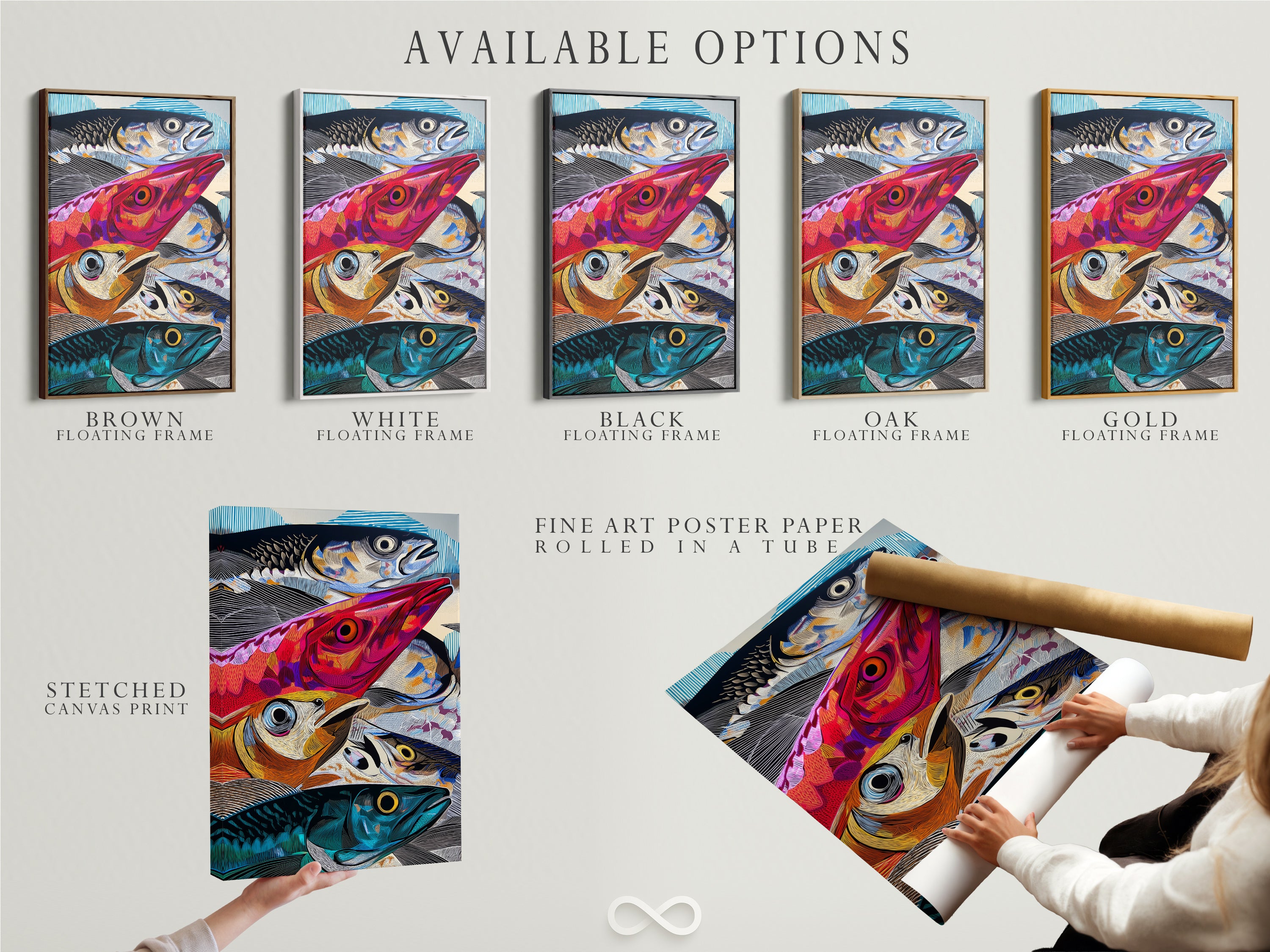 Available options include a stretched canvas print fine art poster paper and a floating frame. This colorful fish artwork can be customized to your preference. The modern marine life canvas is versatile for any space. Select the perfect option for your abstract ocean wildlife poster. Enhance your kitchen decor with these nautical wall art choices.