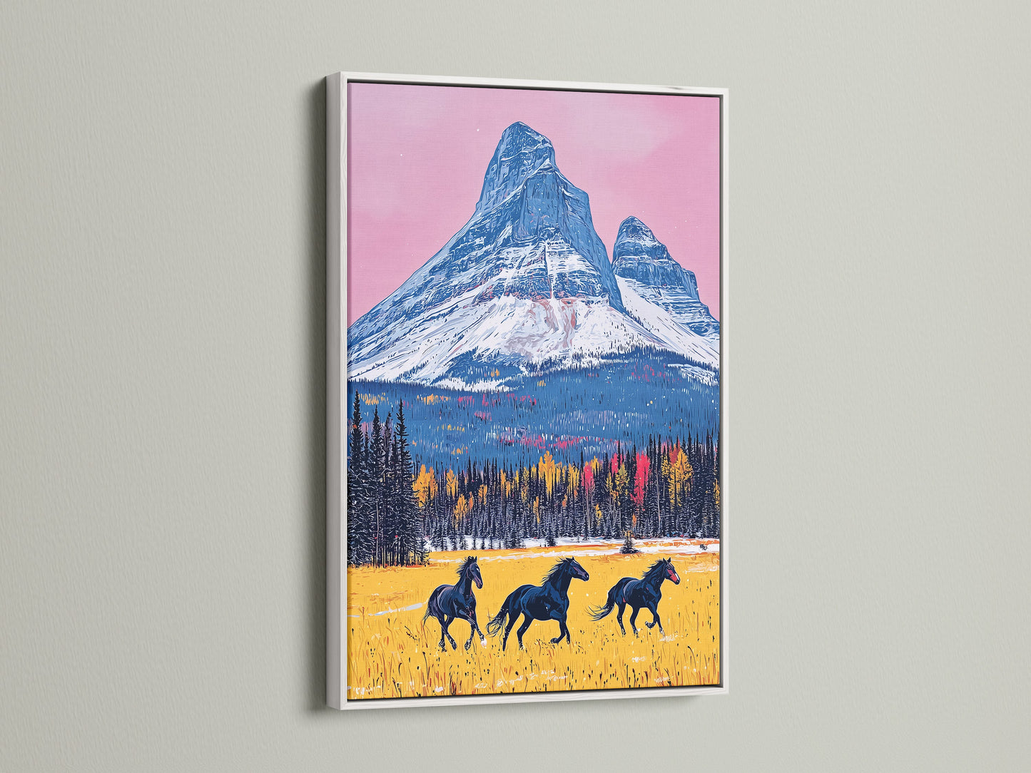Brighten your home with a white framed mountain horse artwork. This art print adds a fresh touch to your walls. Ideal for a rustic home decor style. The pink sky art complements the white frame beautifully. This landscape canvas is a charming piece.