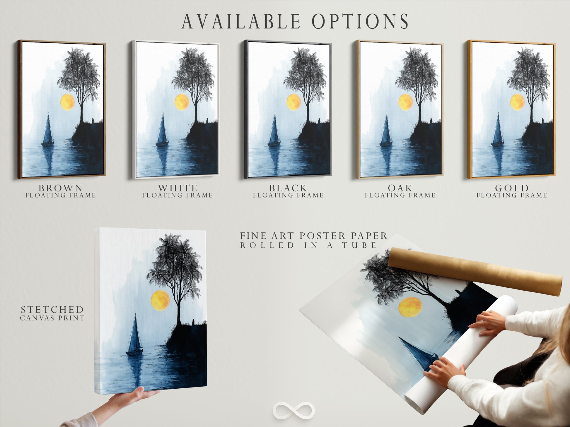 Available options include stretched canvas print fine art poster paper and floating frame. Select the perfect format for your coastal wall art. Customize your artwork to match your style and decor. Explore our range of options to create a unique art display. Find the ideal presentation for your minimalist seascape today.