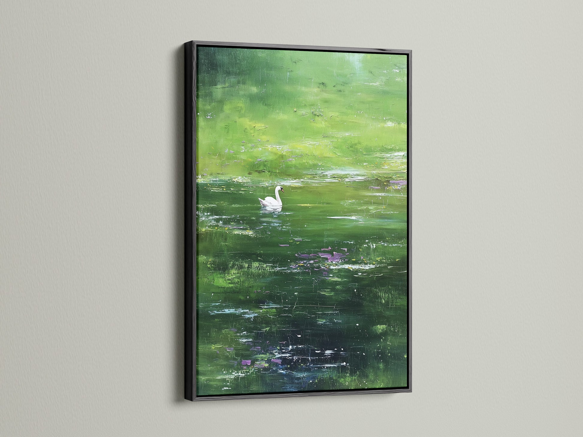 A black frame highlights the artwork. The subject is a swan swimming. The art piece becomes a dramatic focal point. The black frame adds sophistication. It complements various interior styles. The artwork is captivating.
