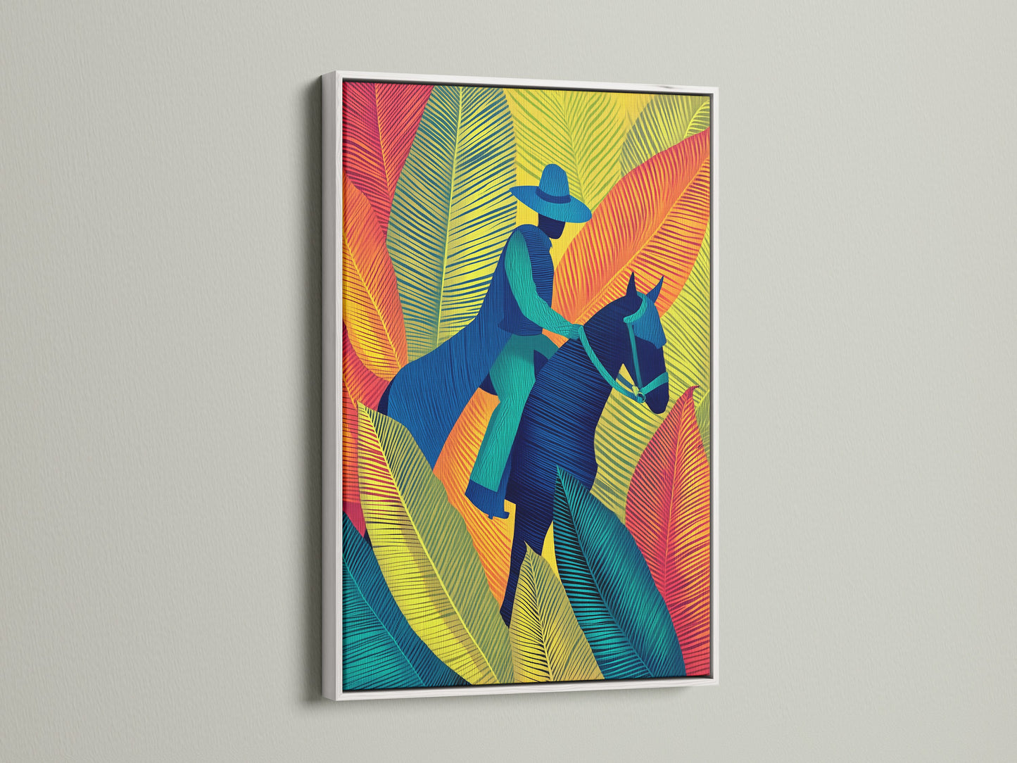Tropical leaves artwork displayed in a white frame. The horse canvas art is a colorful addition to any space. This cowboy artwork brings a modern feel. A great horse lover gift.