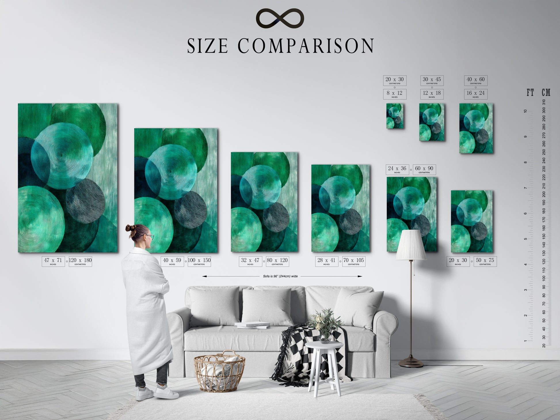 This is a size comparison chart in an interior setting. It helps visualize the different sizes of the artwork. This modern textured print is great for office wall decor. Perfect for homeowners renters interior designers and business owners seeking elevated modern art.