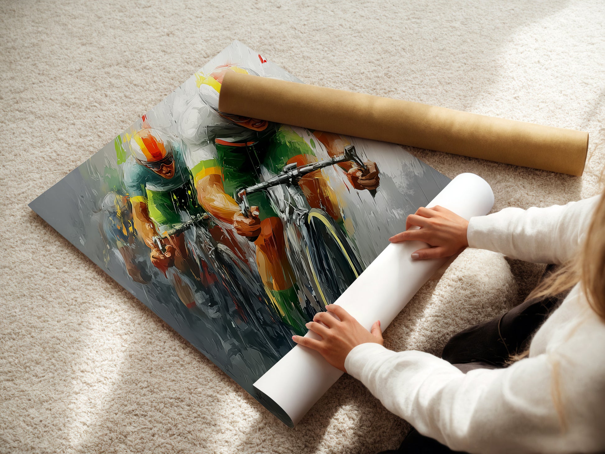 A woman carefully rolls a fine art poster paper. The poster paper is of high quality. It ensures vibrant colors. It ensures lasting beauty. Ideal for art enthusiasts. It preserves artwork.