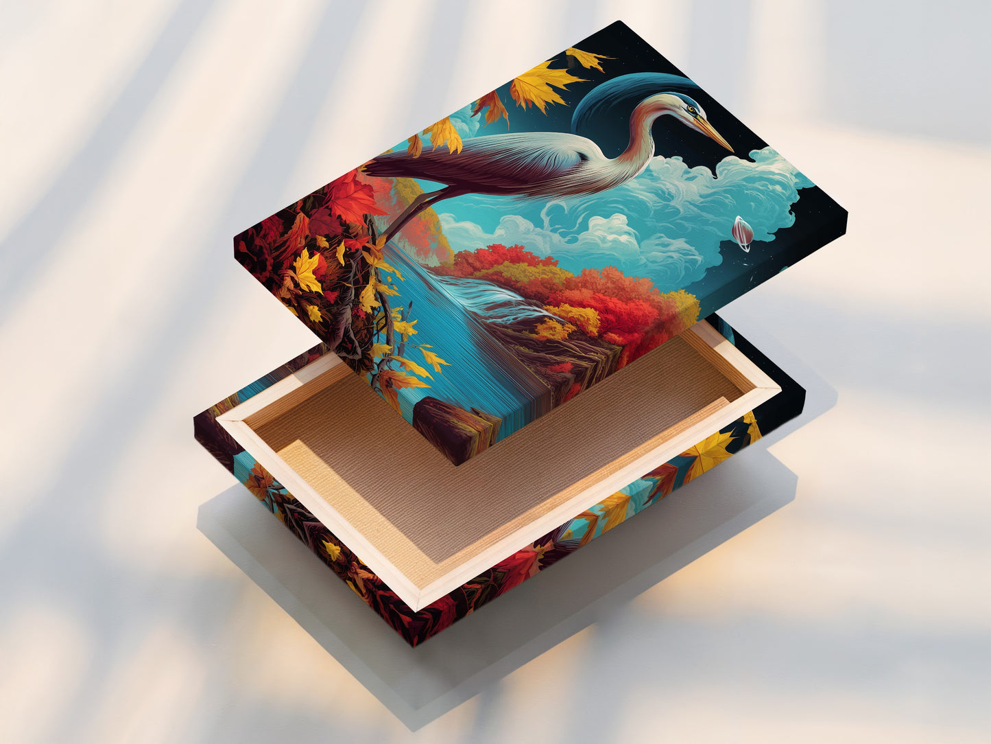 See the heron bird art as a stretched canvas print. The canvas texture enhances the autumn landscape and teal blue decor. Ready to hang and transform your home wall art.