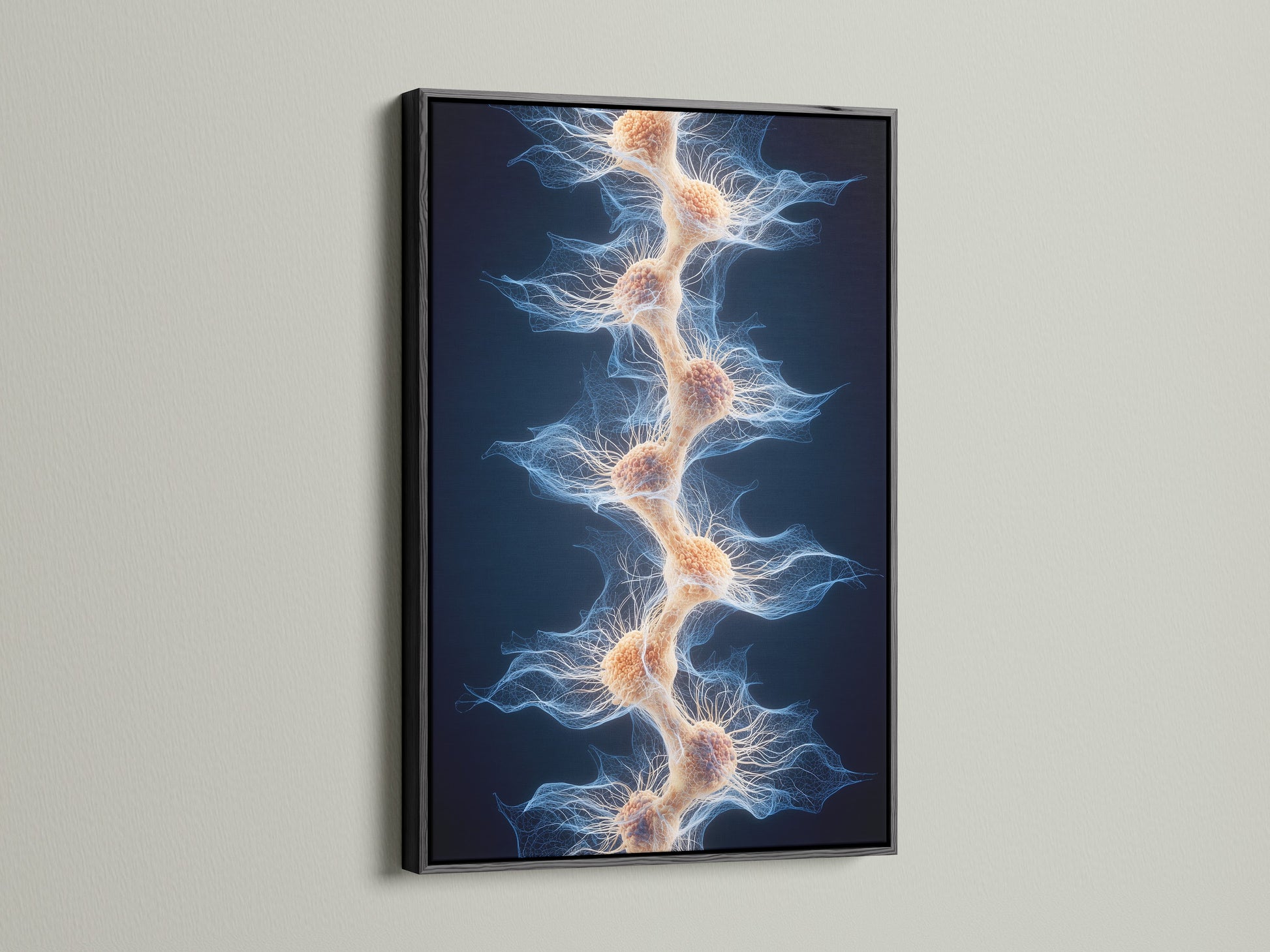 The artwork is displayed in a floating black frame. The black frame gives the artwork a classic look. The art piece is displayed against a white wall. The frame is a great choice for any room. Get yours today and display your art.