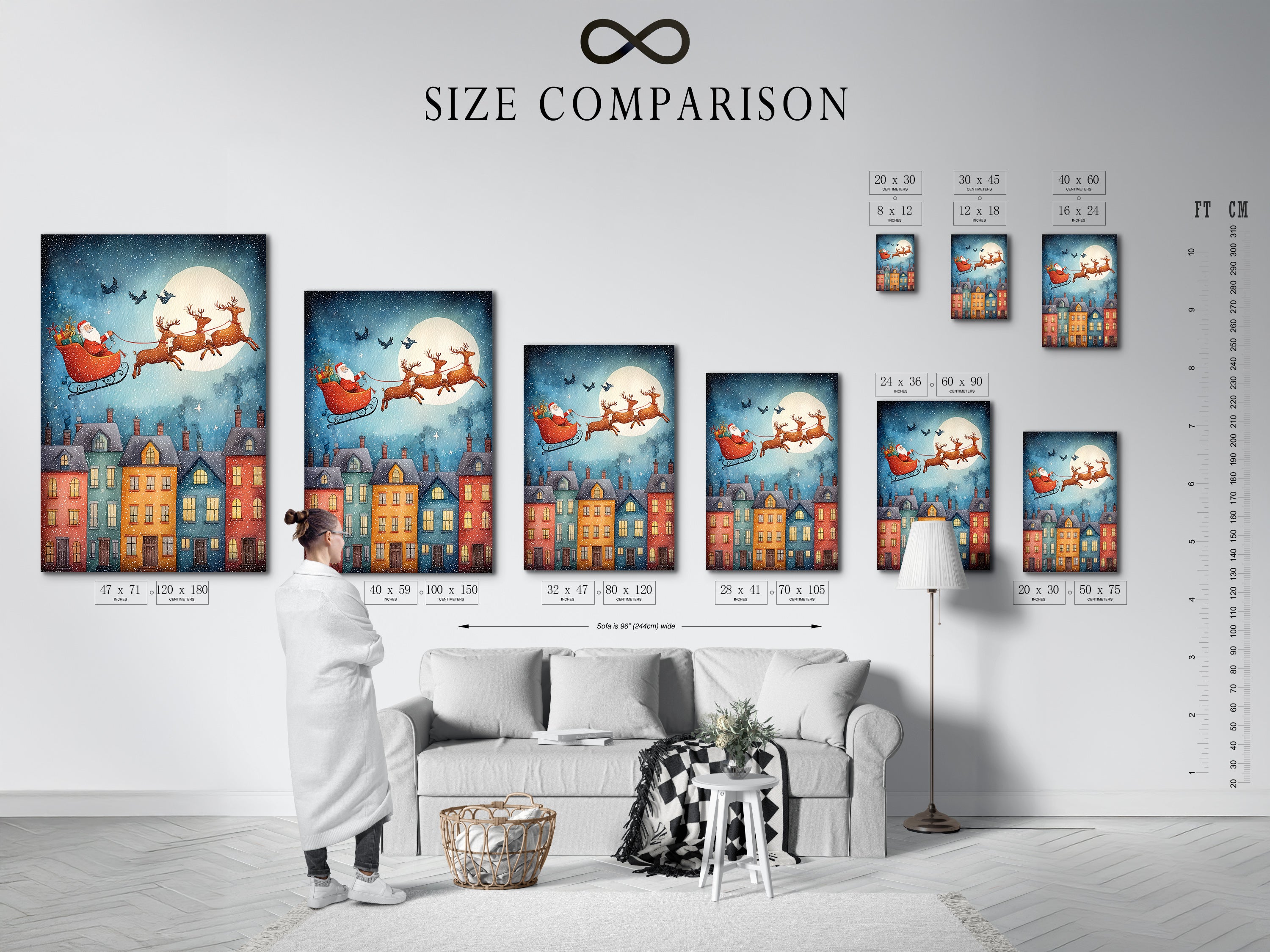 A size comparison chart showcases the Santa Claus canvas print in an interior. See how the artwork fits in different room settings. Visualize the perfect size for your holiday wall decor. This chart helps homeowners and designers make informed choices.
